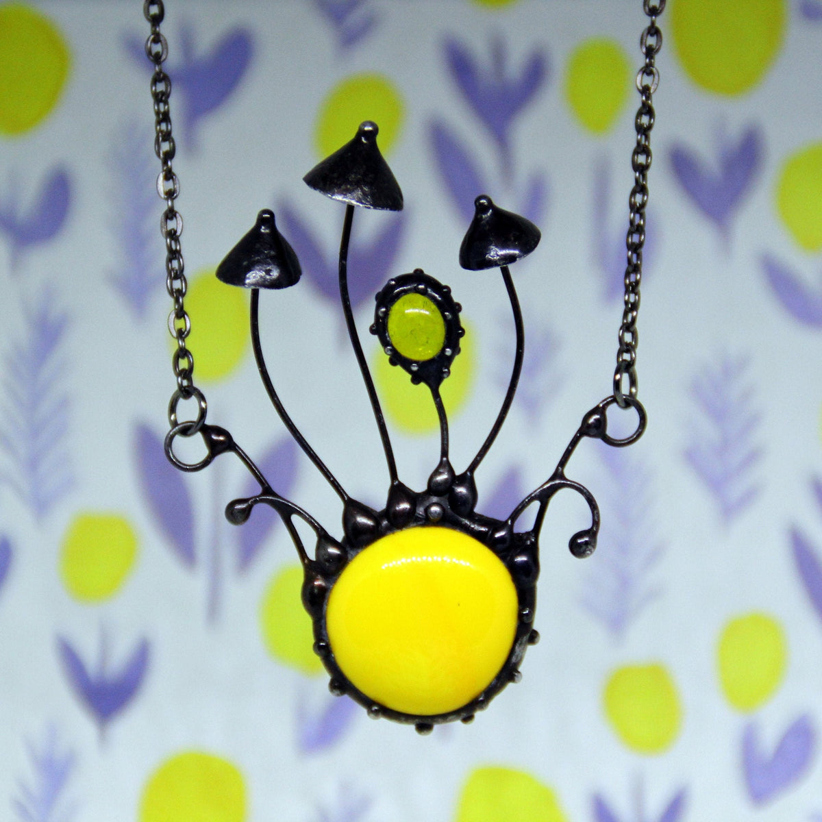 Yellow Glass Mushroom Necklace – Blackened Copper Forest Centerpiece – Psychedelic
