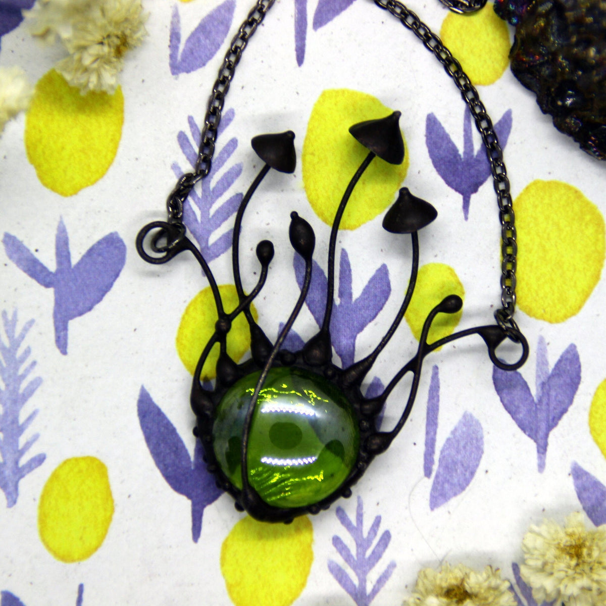 Green Glass Mushroom Necklace – Blackened Copper Forest Centerpiece – Botanical