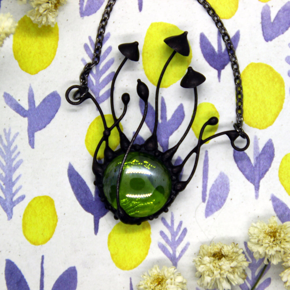 Green Glass Mushroom Necklace – Blackened Copper Forest Centerpiece – Botanical