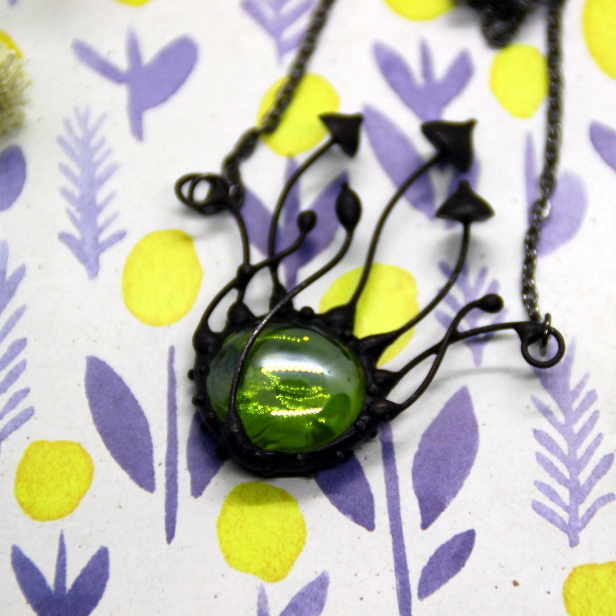 Green Glass Mushroom Necklace – Blackened Copper Forest Centerpiece – Botanical