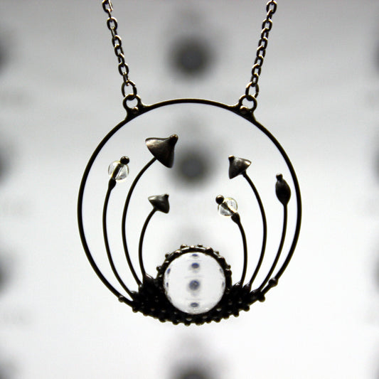 Clear Glass Mushroom Necklace – Blackened Copper Round Forest Pendant – Botanical