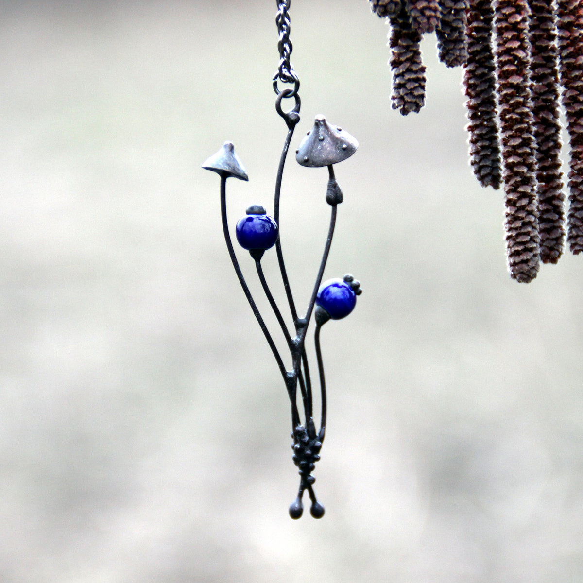 Blue Ceramic Mushroom Necklace – Blackened Copper Forest Pendant – Botanical