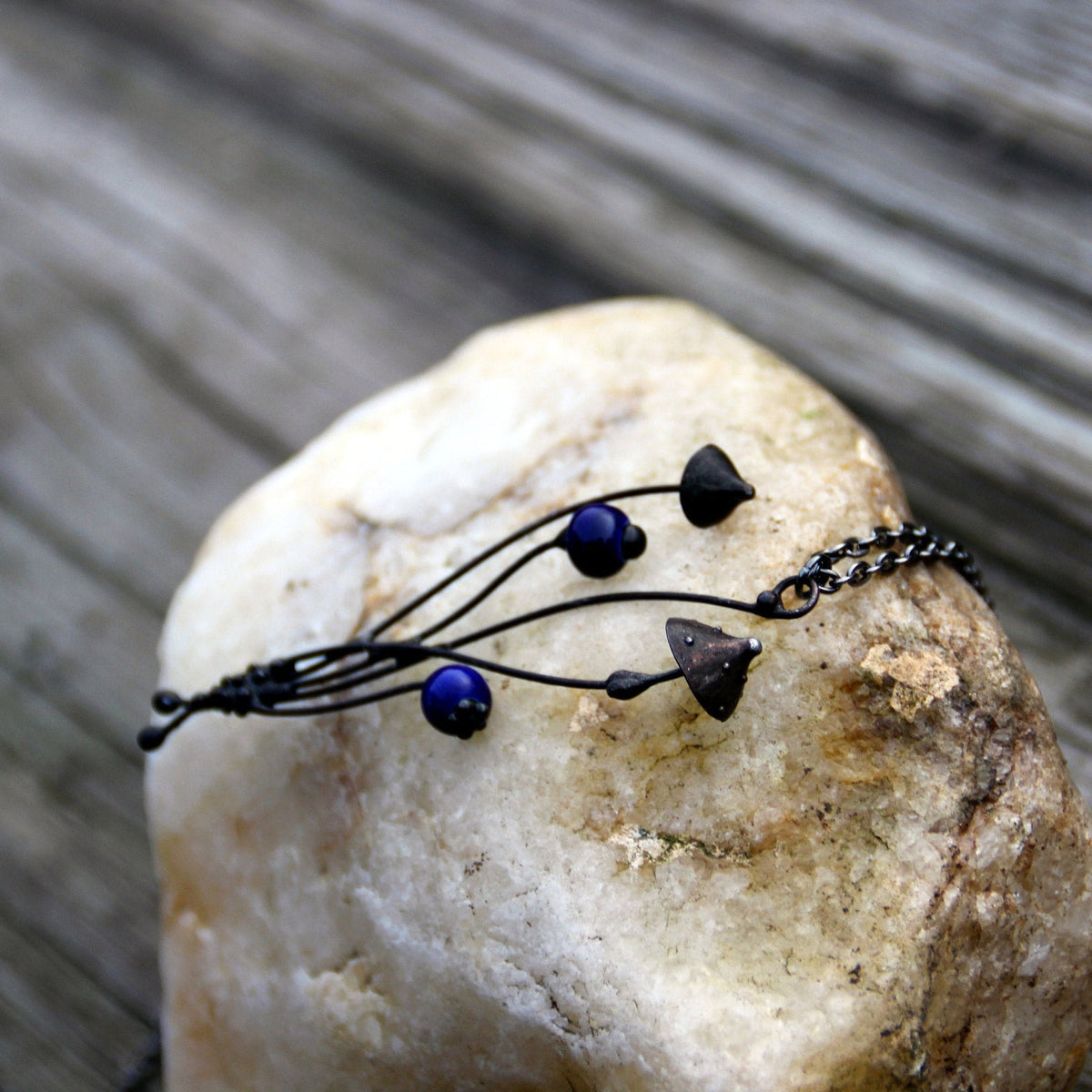 Blue Ceramic Mushroom Necklace – Blackened Copper Forest Pendant – Botanical