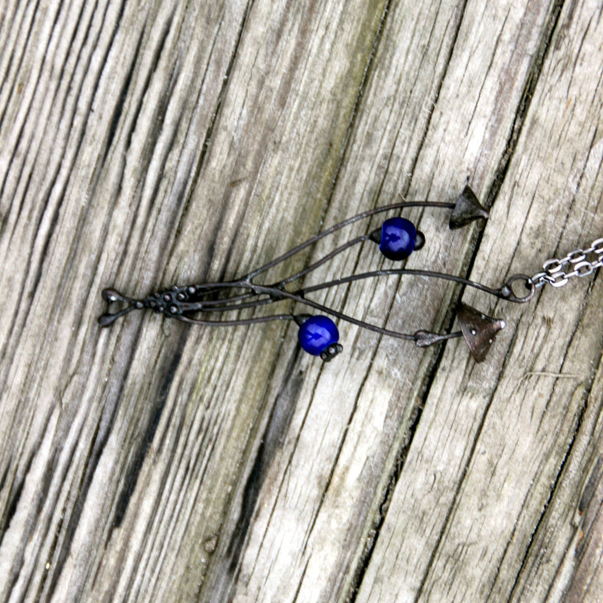 Blue Ceramic Mushroom Necklace – Blackened Copper Forest Pendant – Botanical