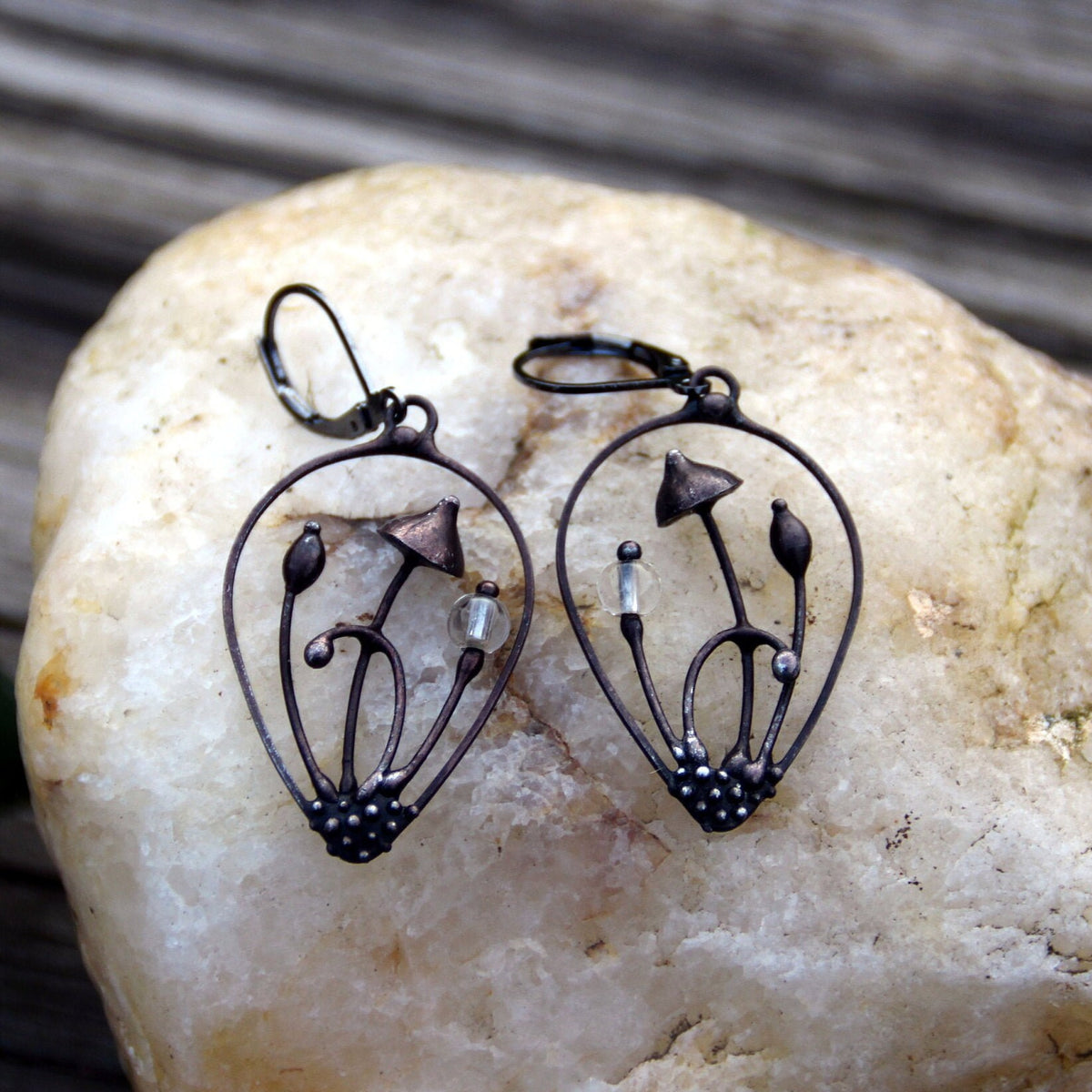 Clear Glass Mushroom Earrings – Blackened Copper Teardrop Dangles – Botanical Forest