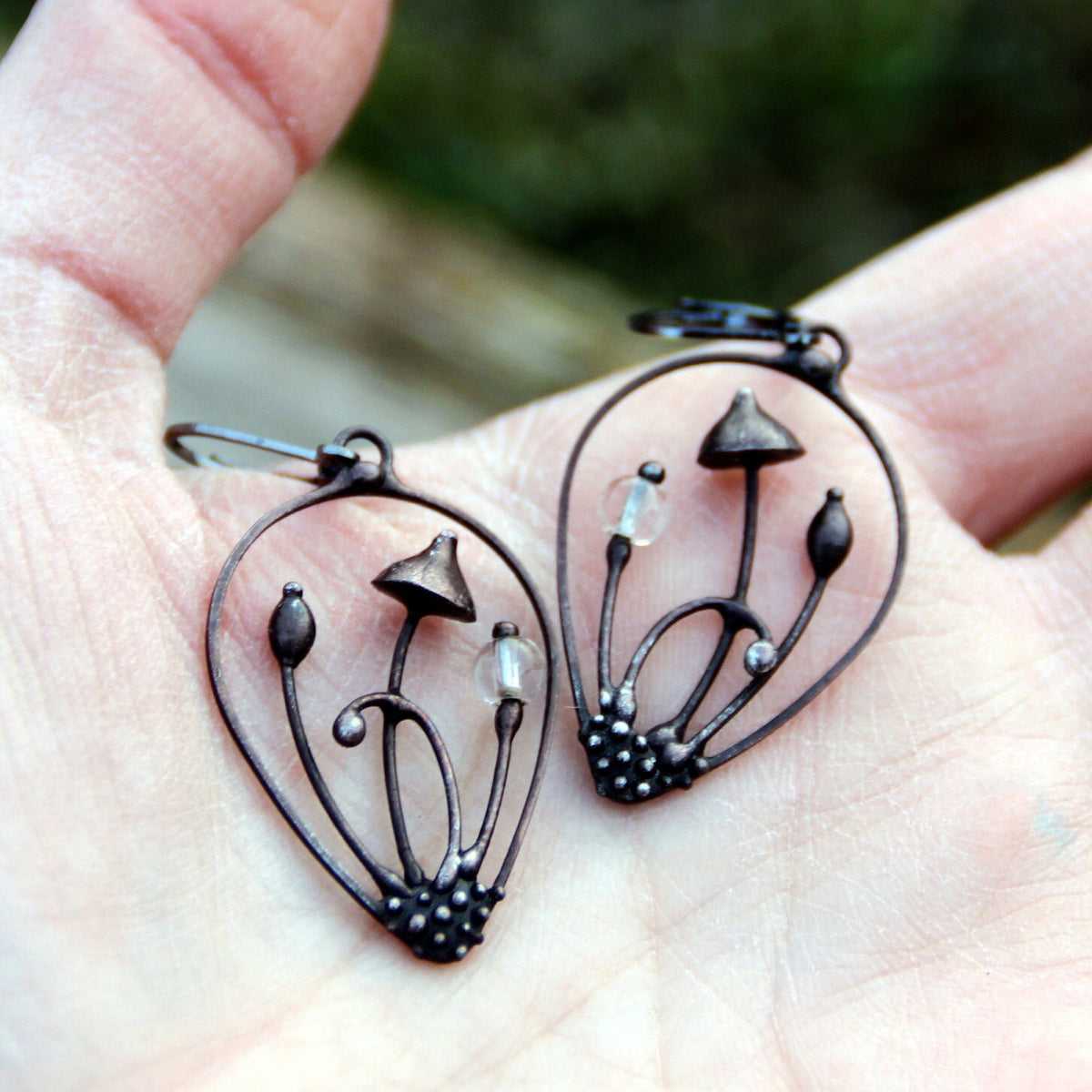 Clear Glass Mushroom Earrings – Blackened Copper Teardrop Dangles – Botanical Forest