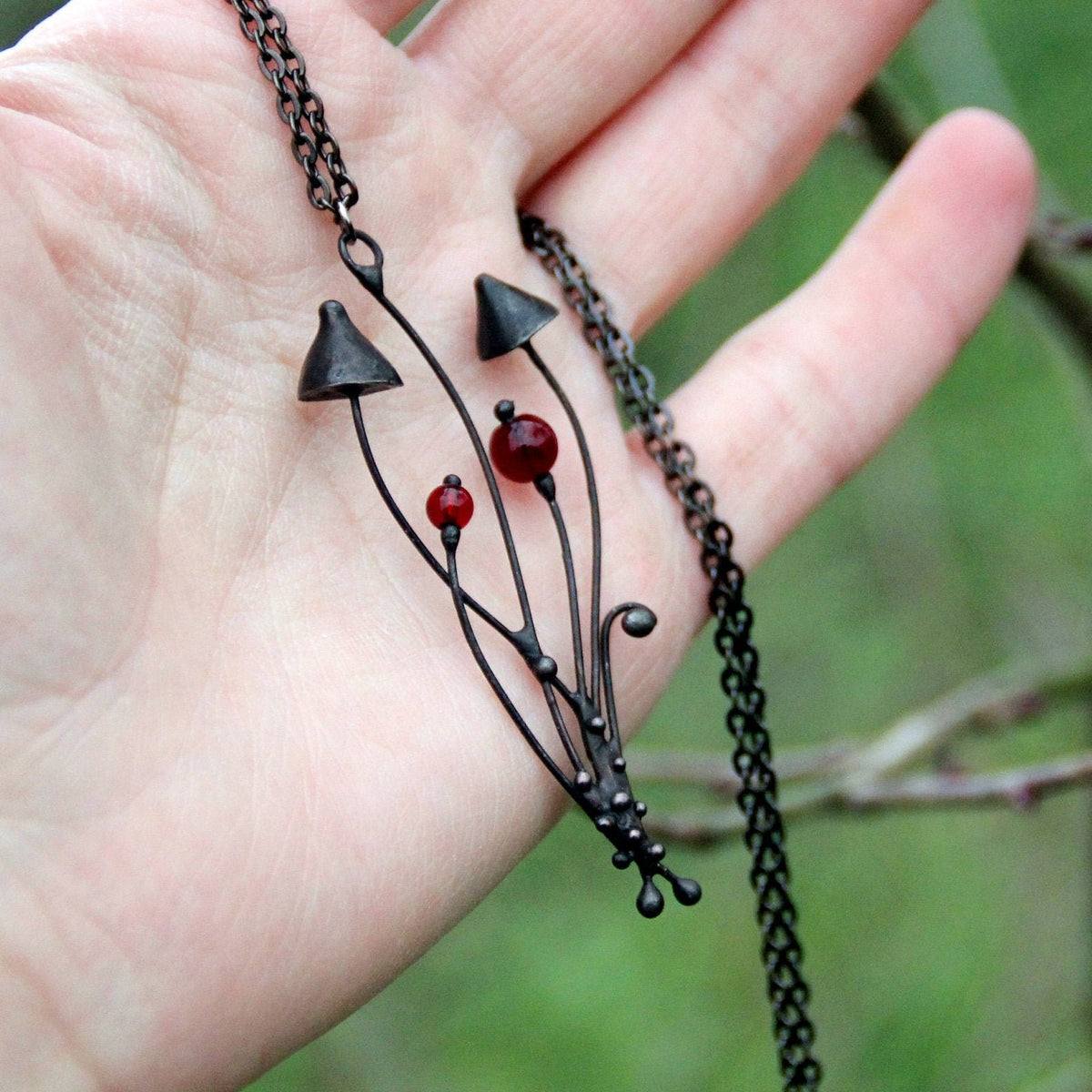 Red Glass Mushroom Necklace – Blackened Copper Forest Pendant – Psychedelic Botanical