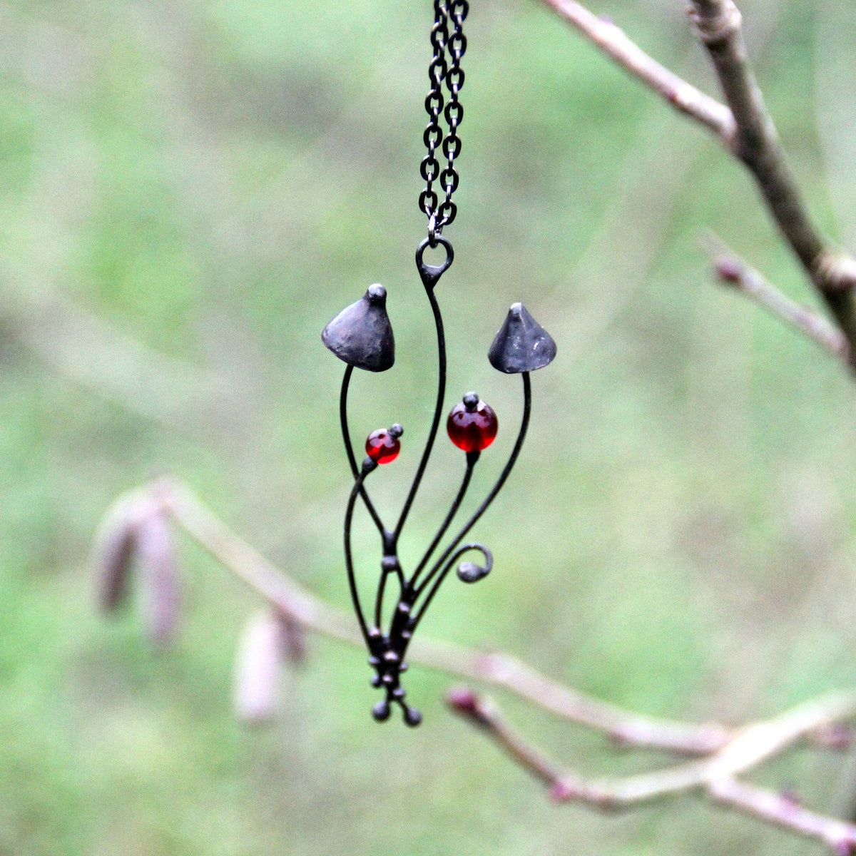 Red Glass Mushroom Necklace – Blackened Copper Forest Pendant – Psychedelic Botanical