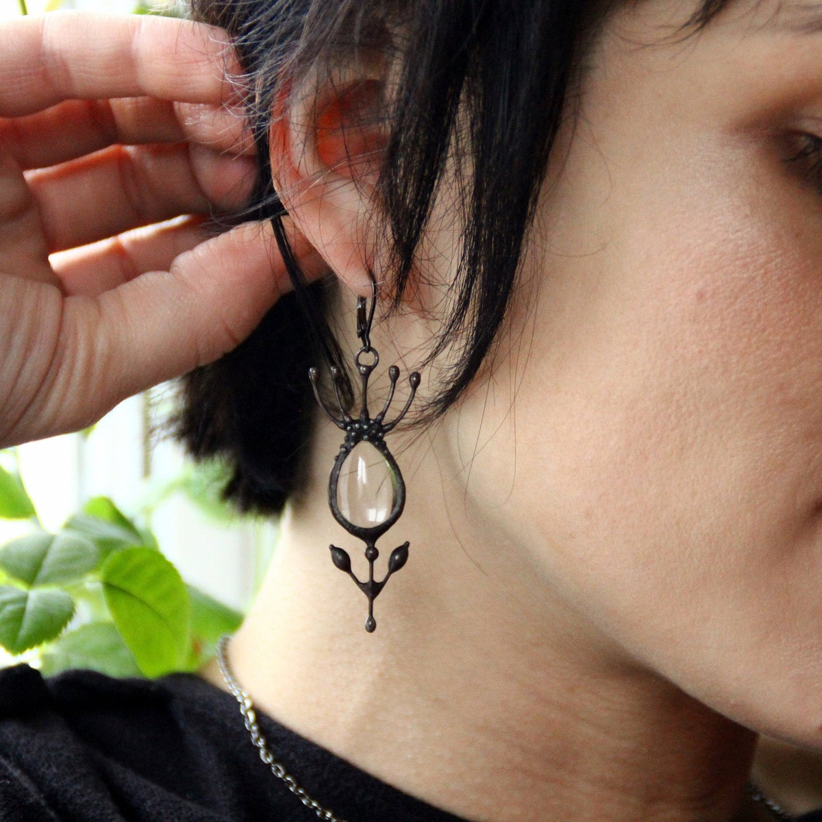 Clear Glass Flower Earrings – Blackened Copper Botanical Dangles – Sculptural