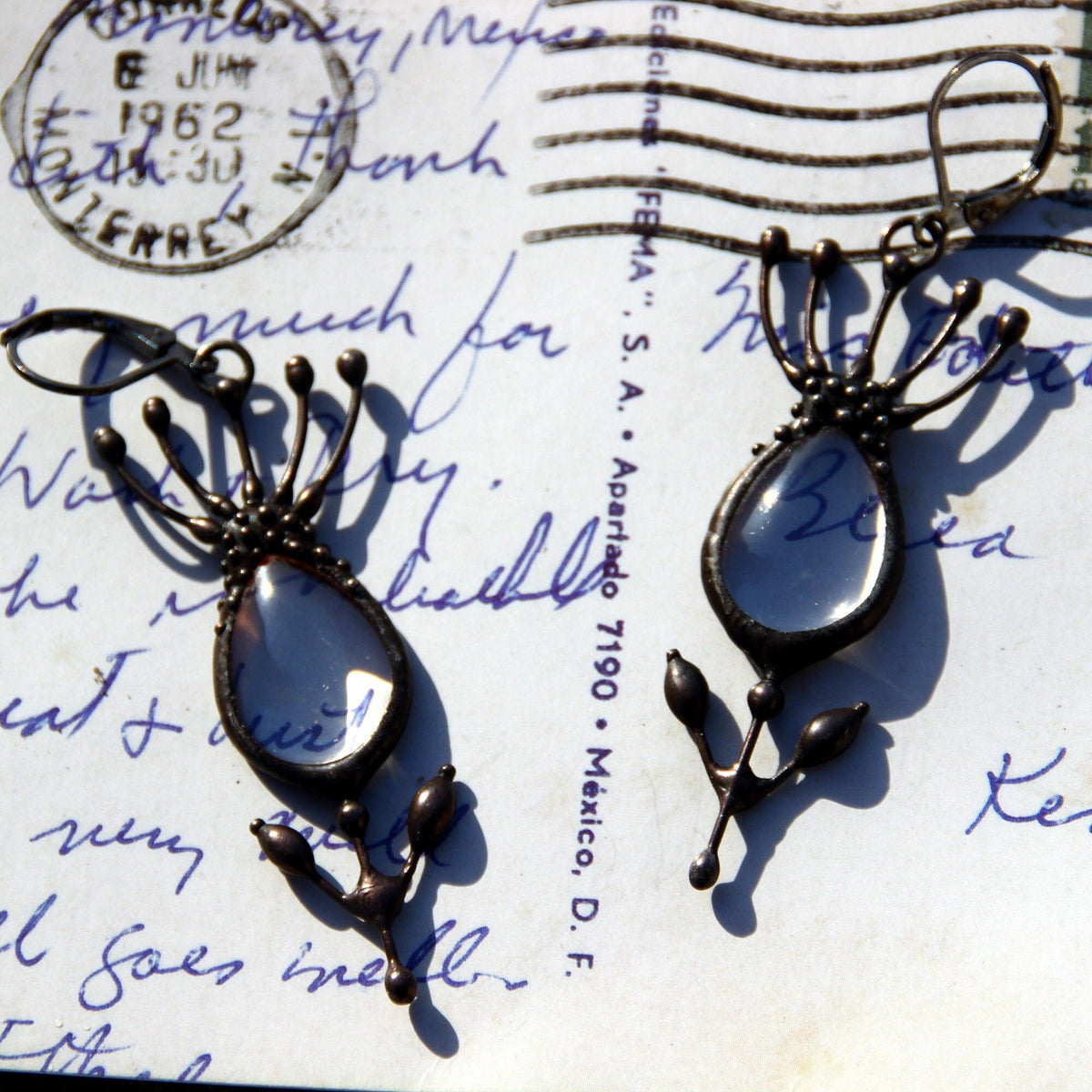 Clear Glass Flower Earrings – Blackened Copper Botanical Dangles – Sculptural