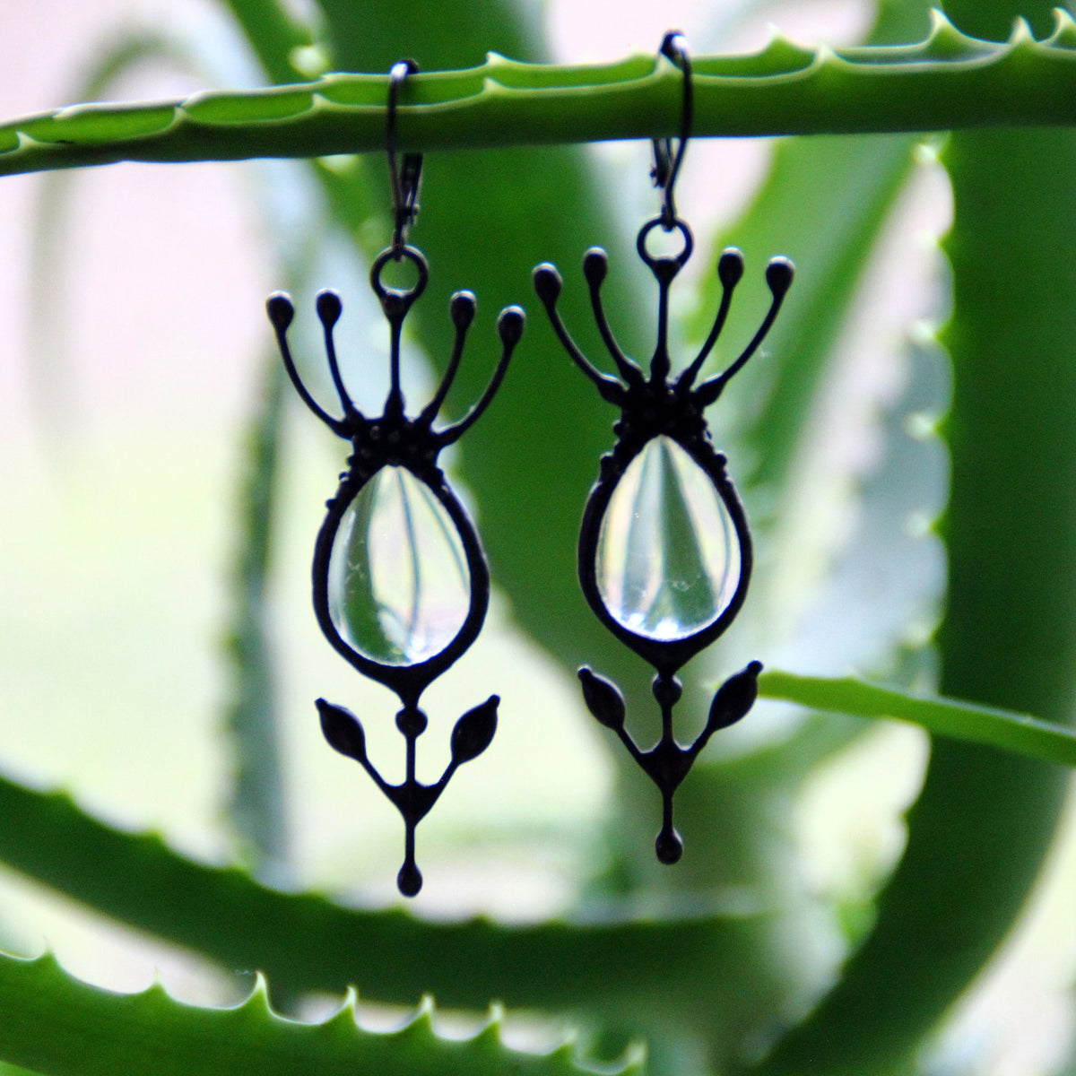 Clear Glass Flower Earrings – Blackened Copper Botanical Dangles – Sculptural