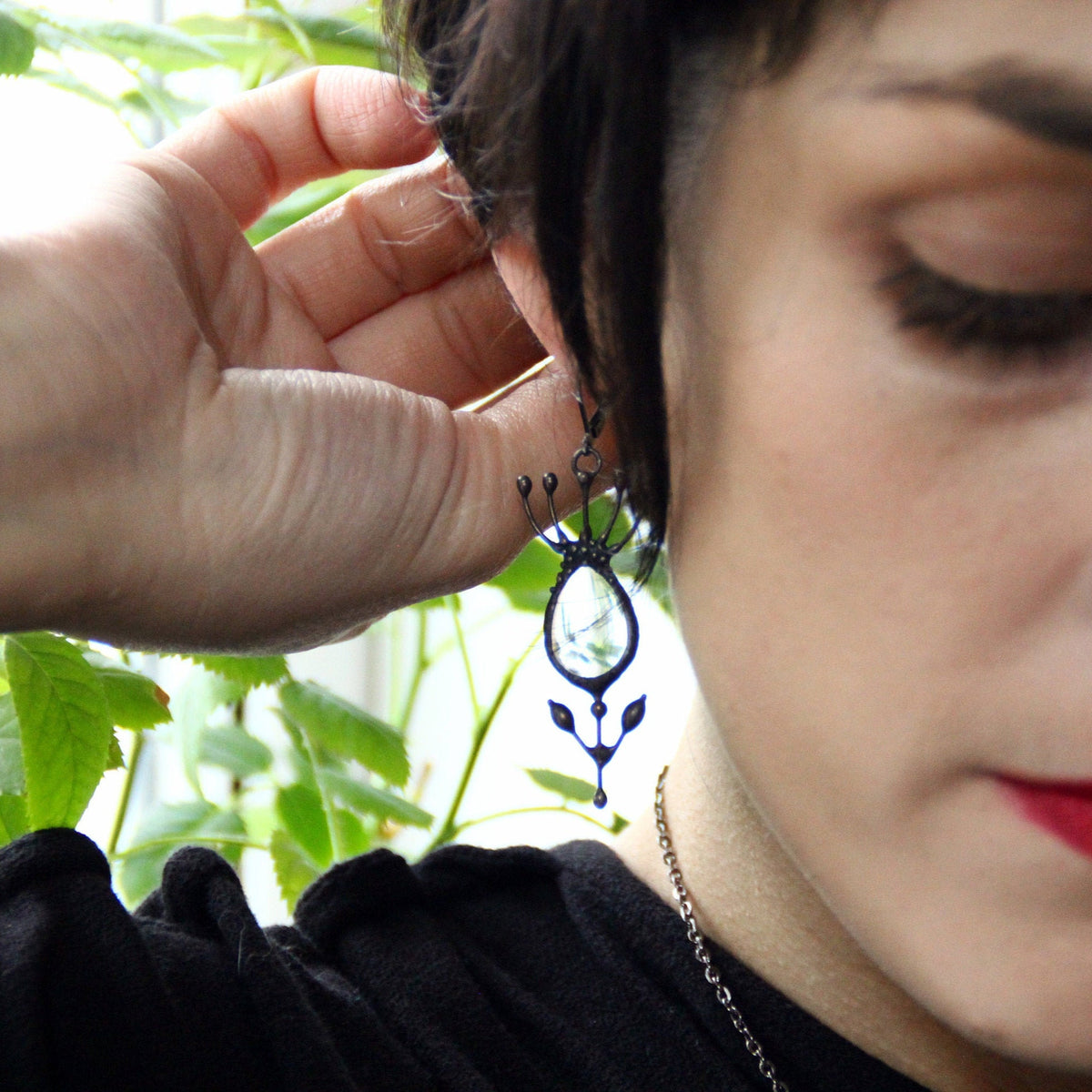 Clear Glass Flower Earrings – Blackened Copper Botanical Dangles – Sculptural