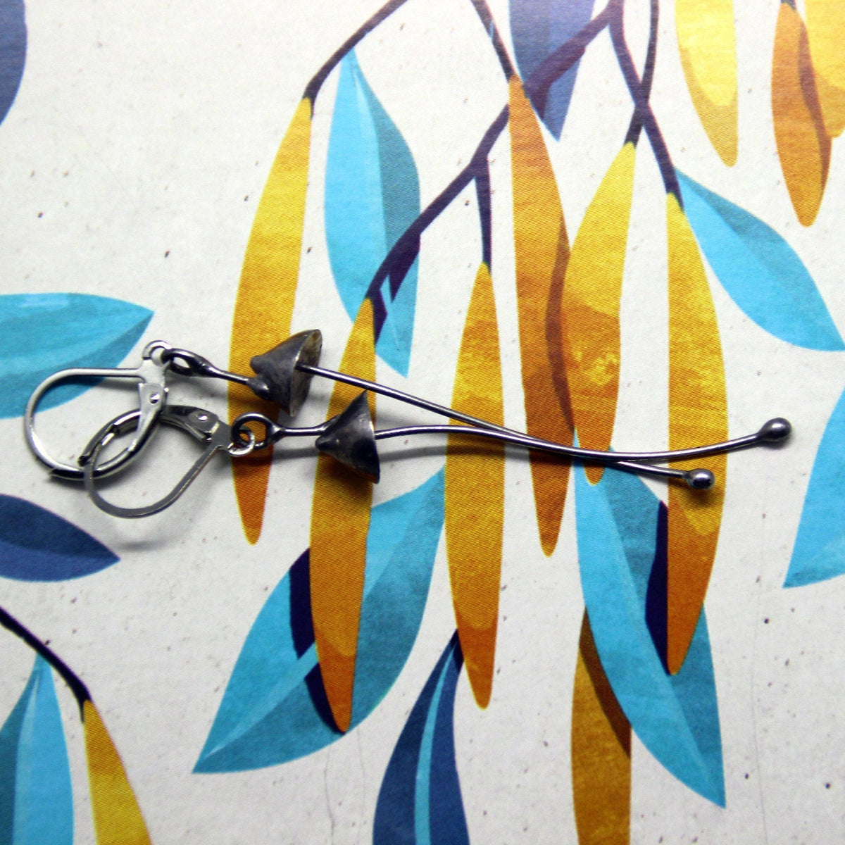 Silver Mushroom Earrings – Long Copper & Pewter Dangles – Minimalist Forest