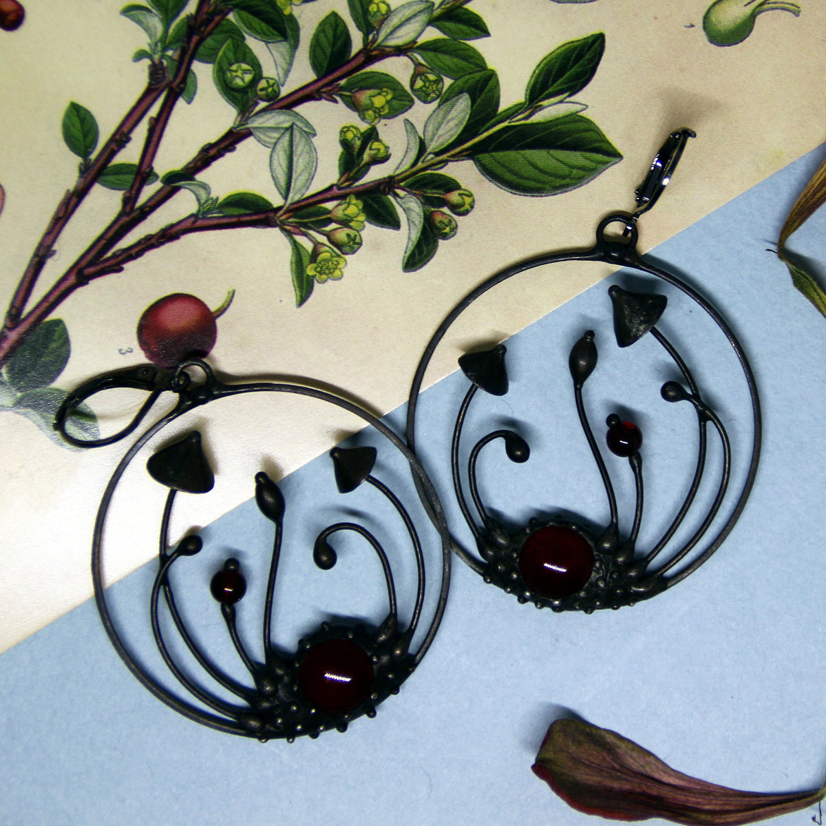 Red Glass Mushroom Hoop Earrings – Blackened Copper Forest Dangles – Botanical
