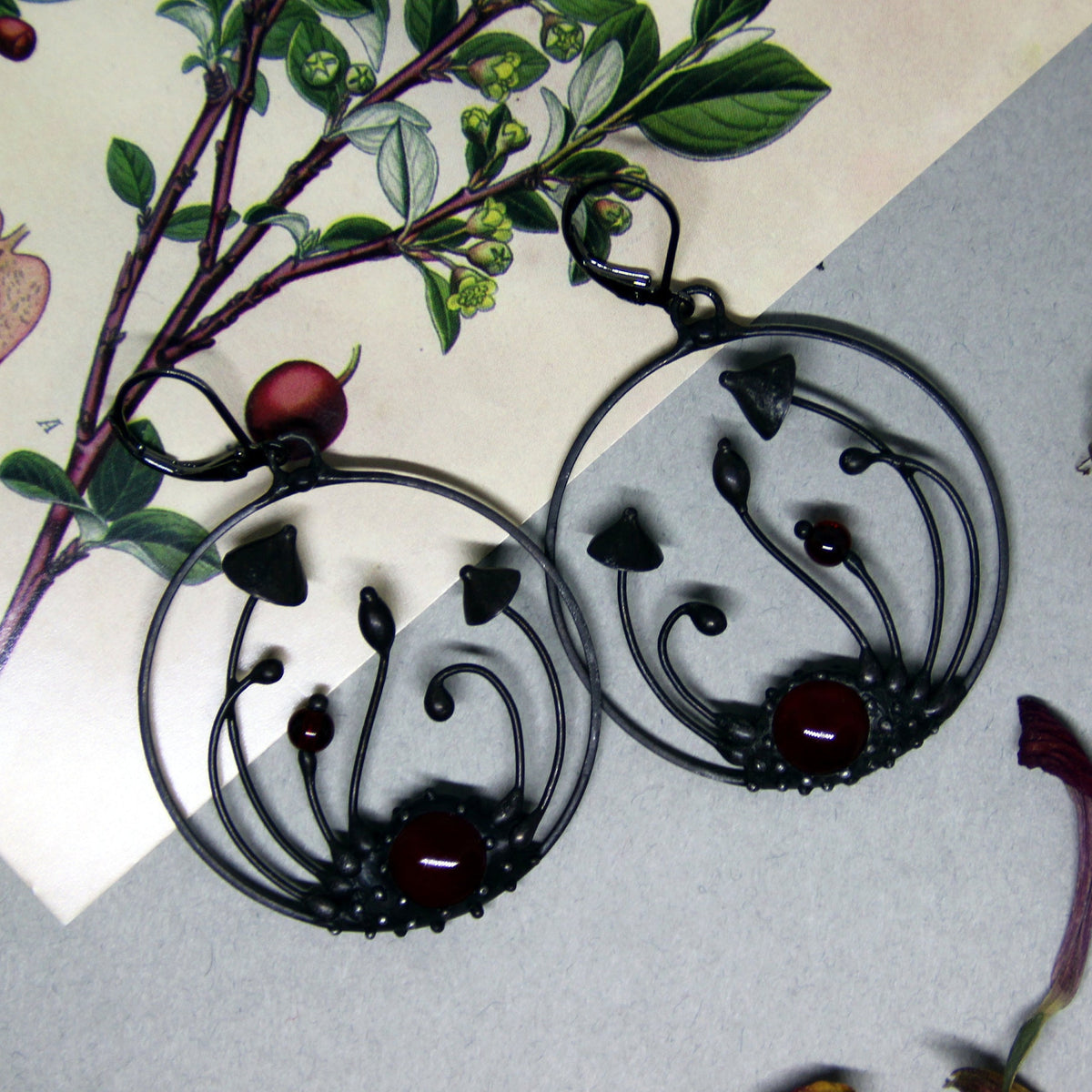 Red Glass Mushroom Hoop Earrings – Blackened Copper Forest Dangles – Botanical