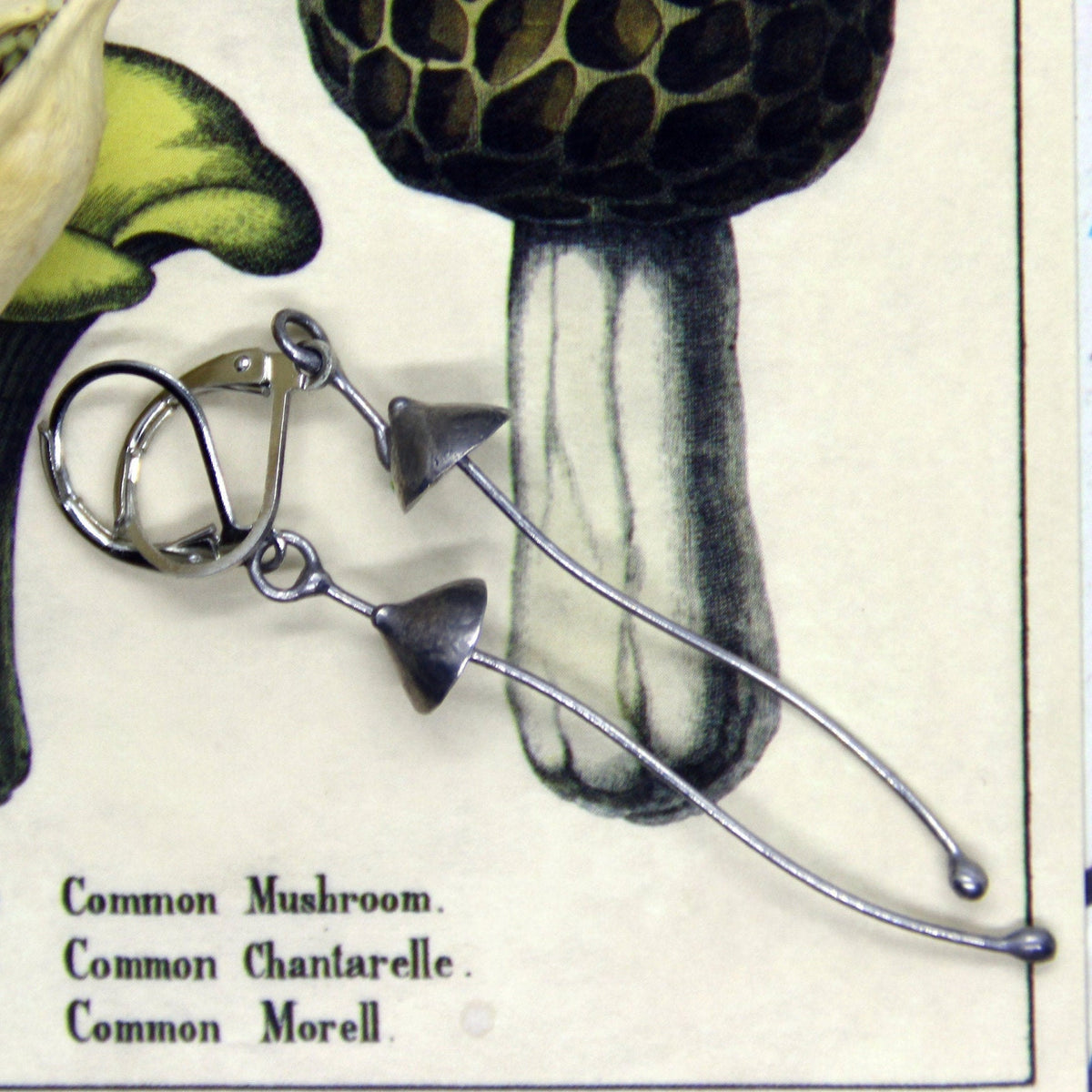 Silver Mushroom Earrings – Long Copper & Pewter Dangles – Minimalist Forest