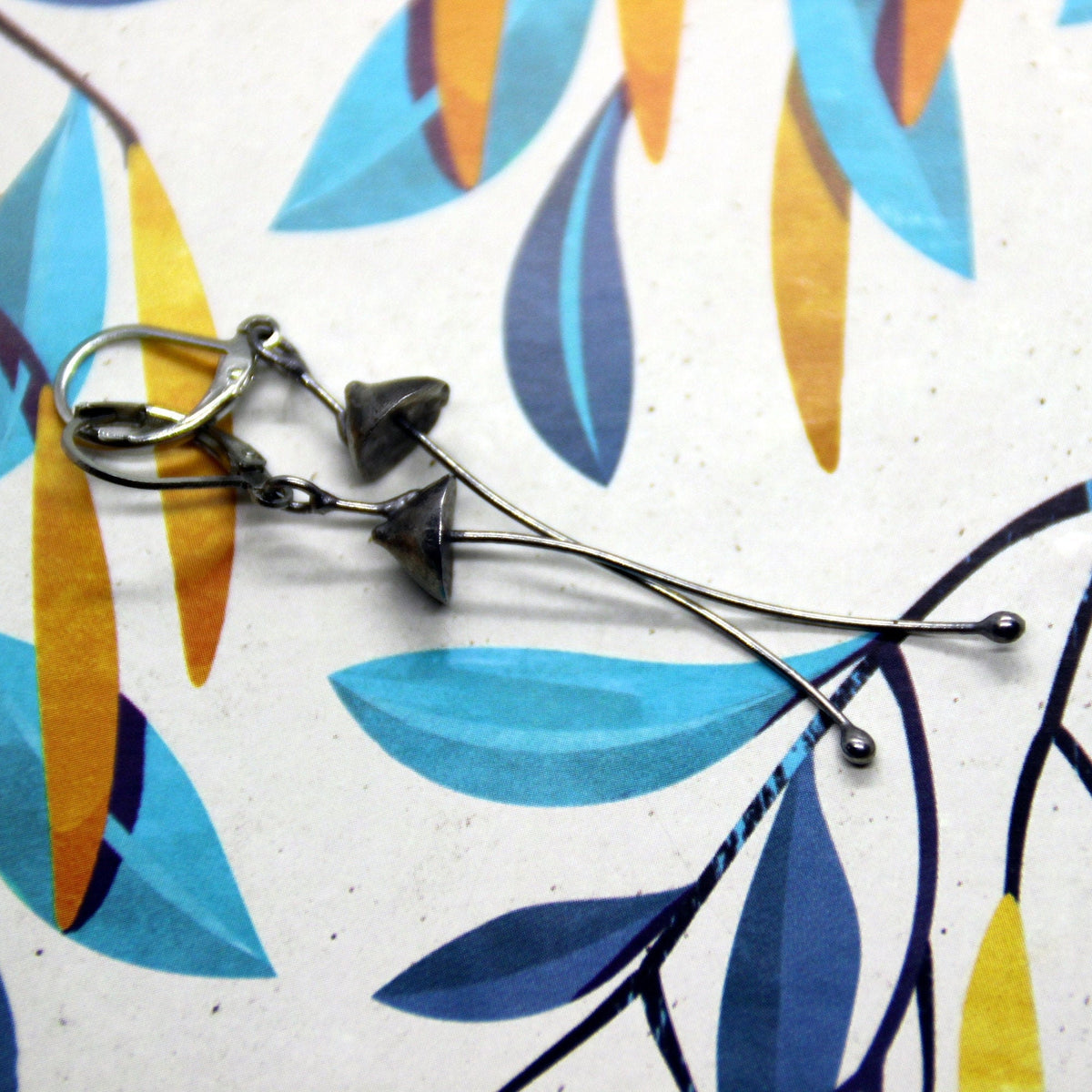 Silver Mushroom Earrings – Long Copper & Pewter Dangles – Minimalist Forest