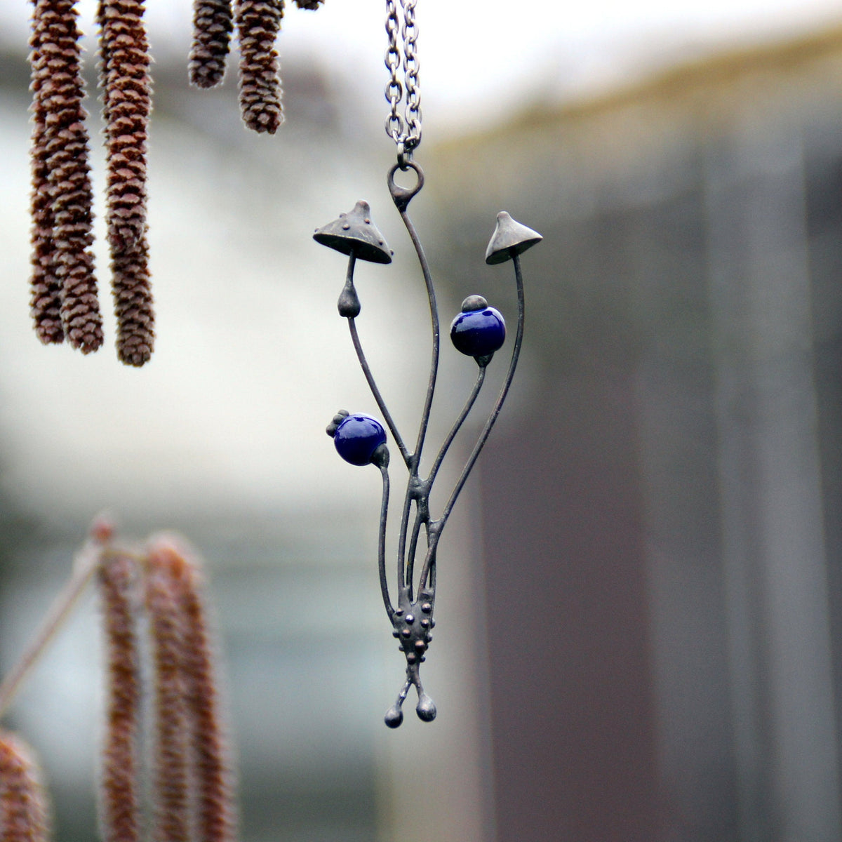 Blue Ceramic Mushroom Necklace – Blackened Copper Forest Pendant – Botanical