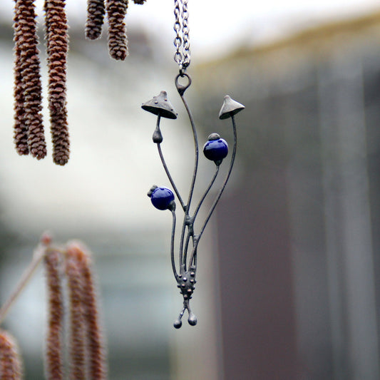Blue Ceramic Mushroom Necklace – Blackened Copper Forest Pendant – Botanical