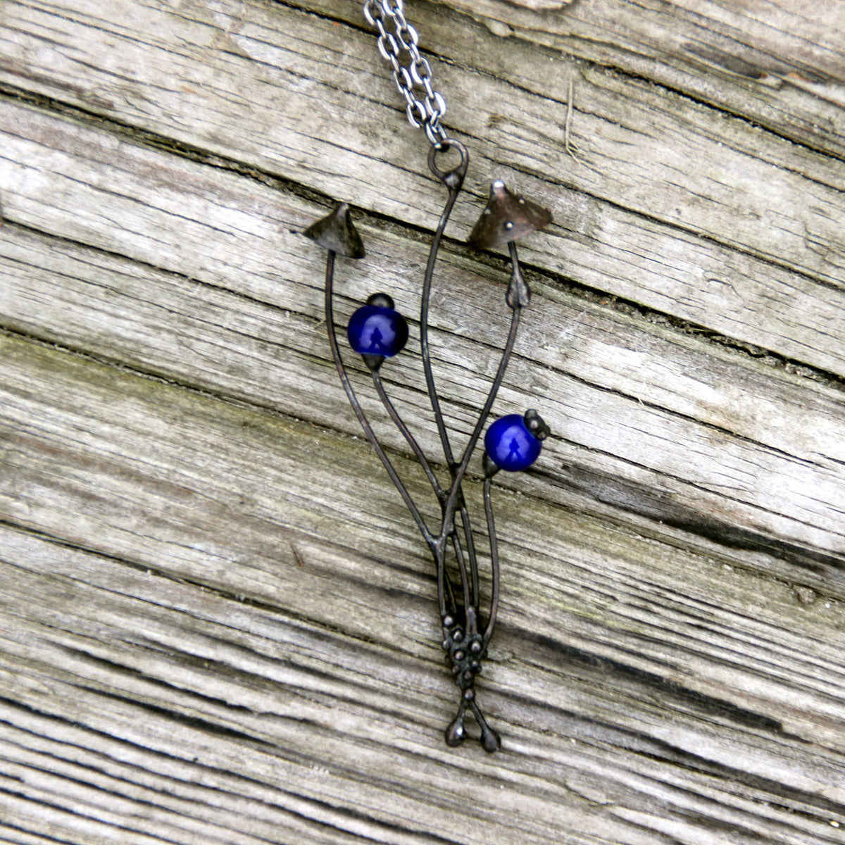 Blue Ceramic Mushroom Necklace – Blackened Copper Forest Pendant – Botanical