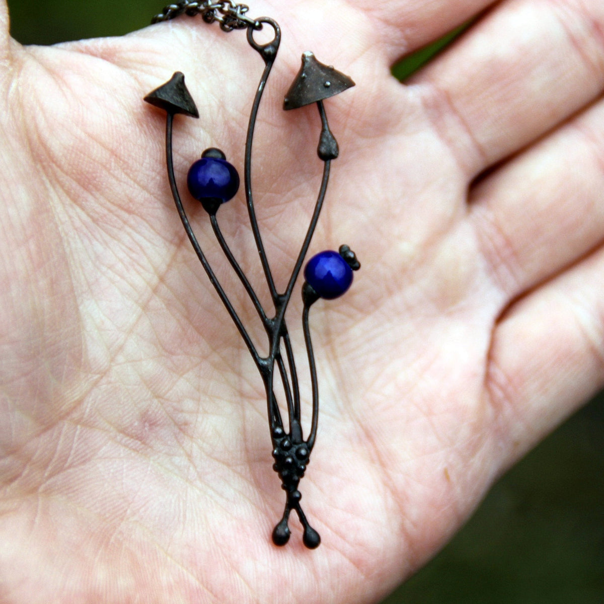 Blue Ceramic Mushroom Necklace – Blackened Copper Forest Pendant – Botanical