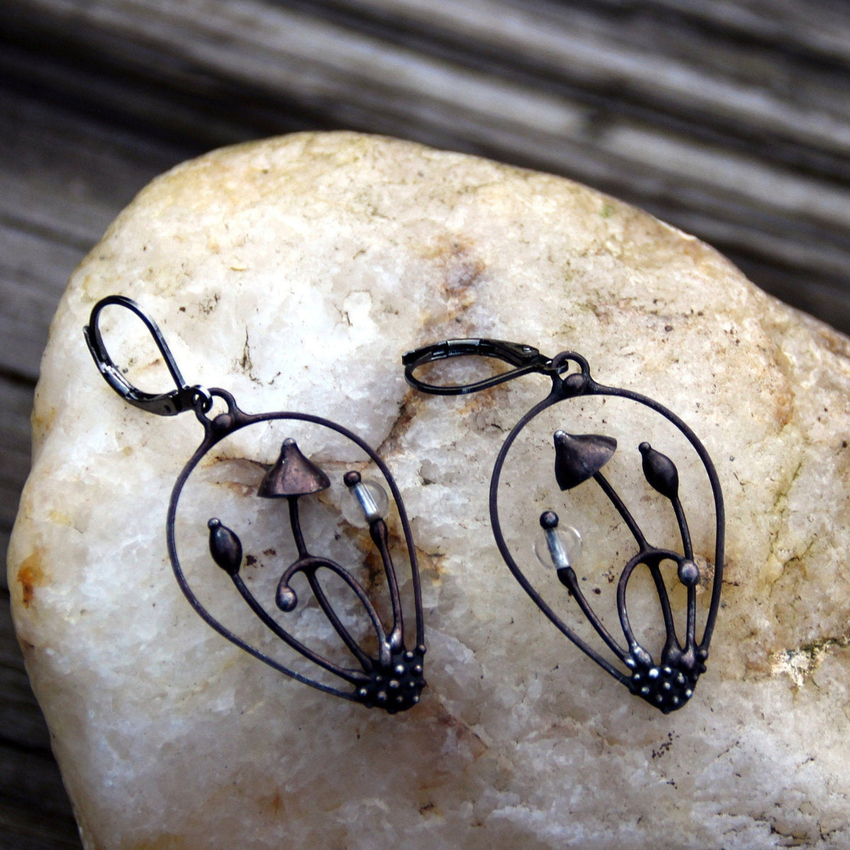 Clear Glass Mushroom Earrings – Blackened Copper Teardrop Dangles – Botanical Forest