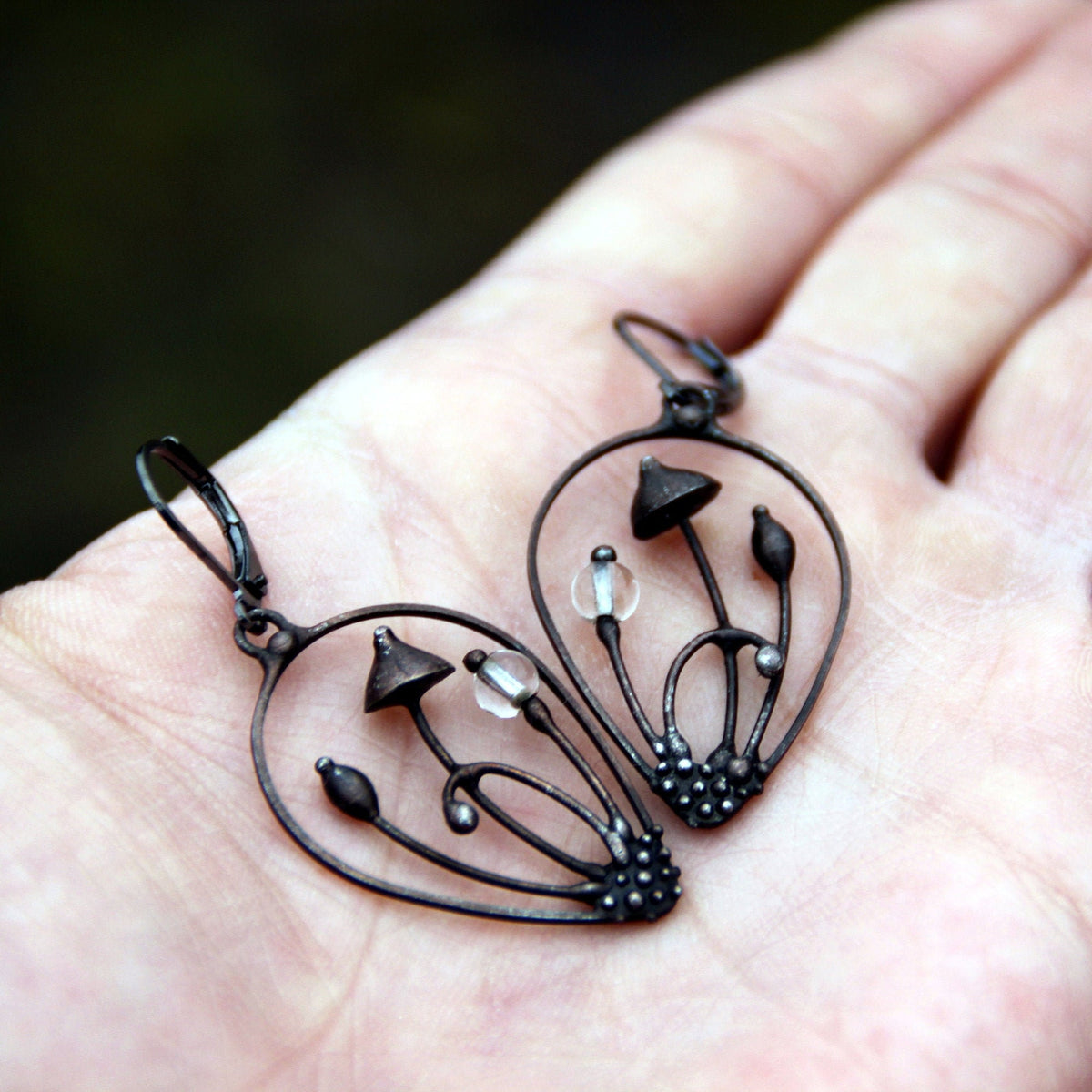 Clear Glass Mushroom Earrings – Blackened Copper Teardrop Dangles – Botanical Forest
