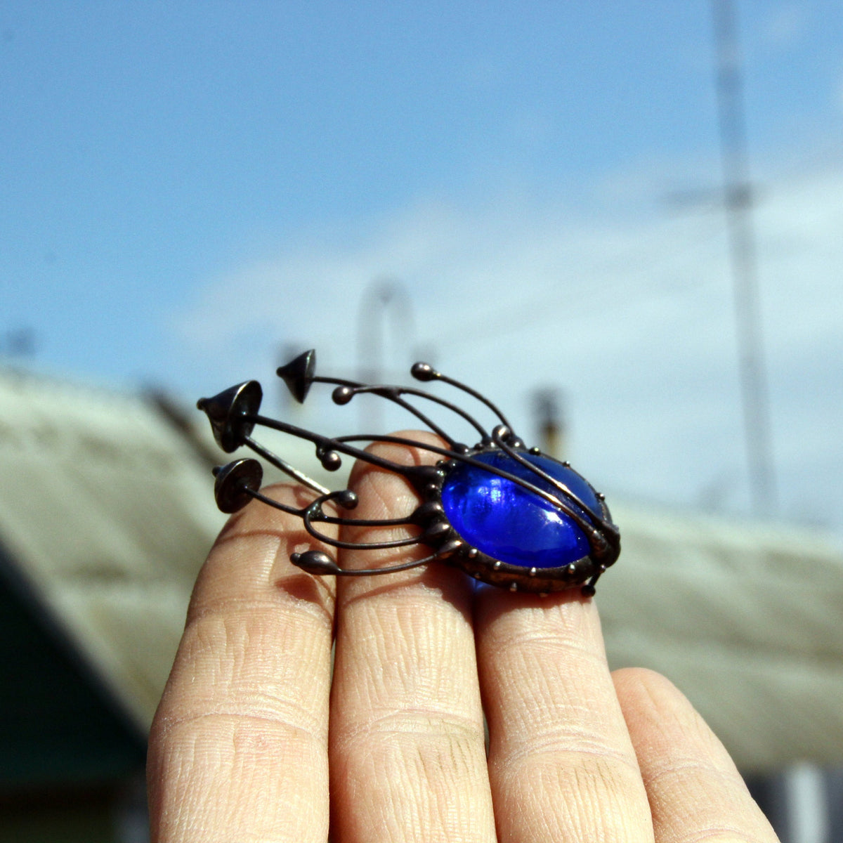 Blue Glass Mushroom Brooch – Blackened Copper