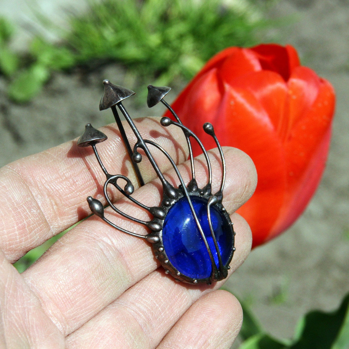 Blue Glass Mushroom Brooch – Blackened Copper