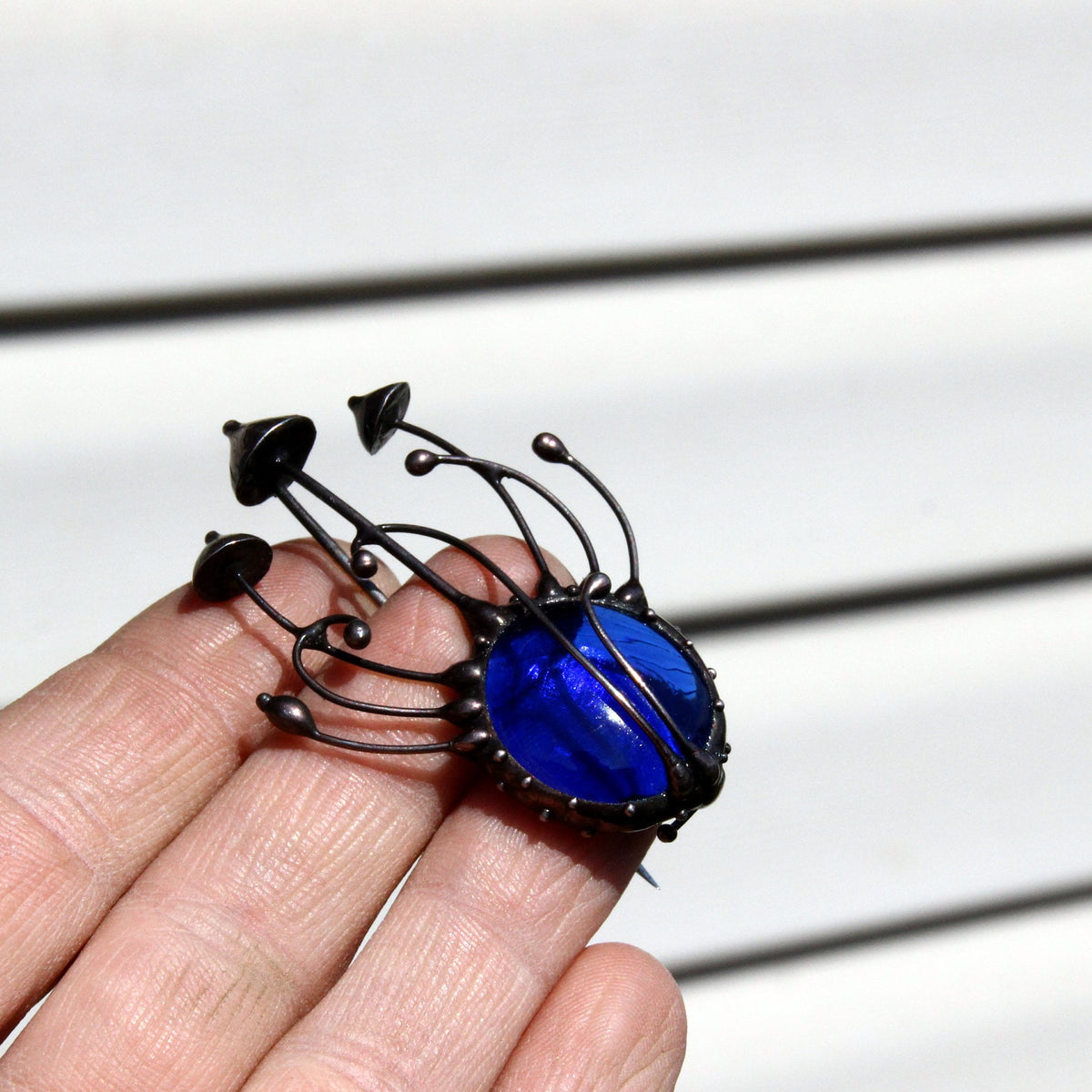 Blue Glass Mushroom Brooch – Blackened Copper
