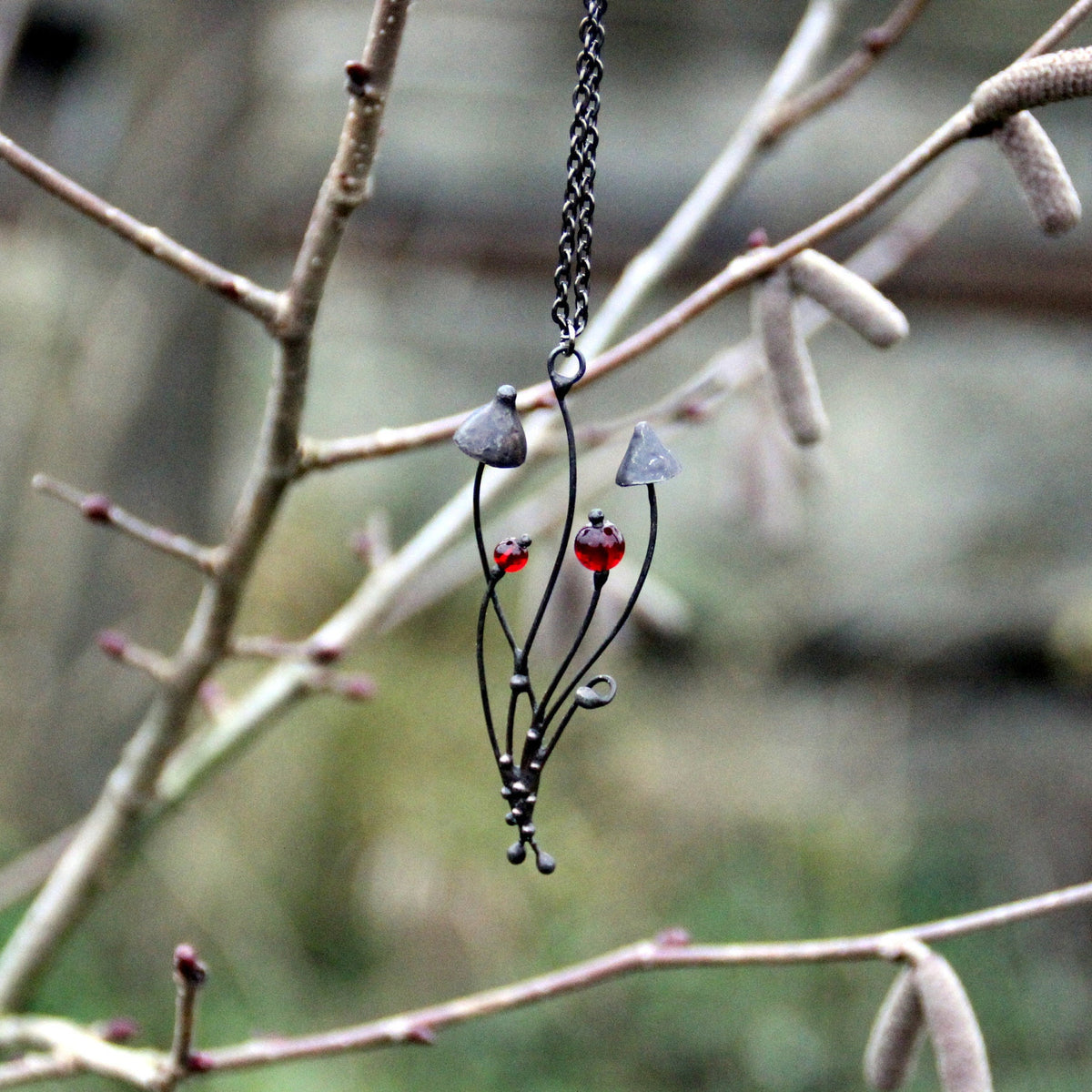 Red Glass Mushroom Necklace – Blackened Copper Forest Pendant – Psychedelic Botanical