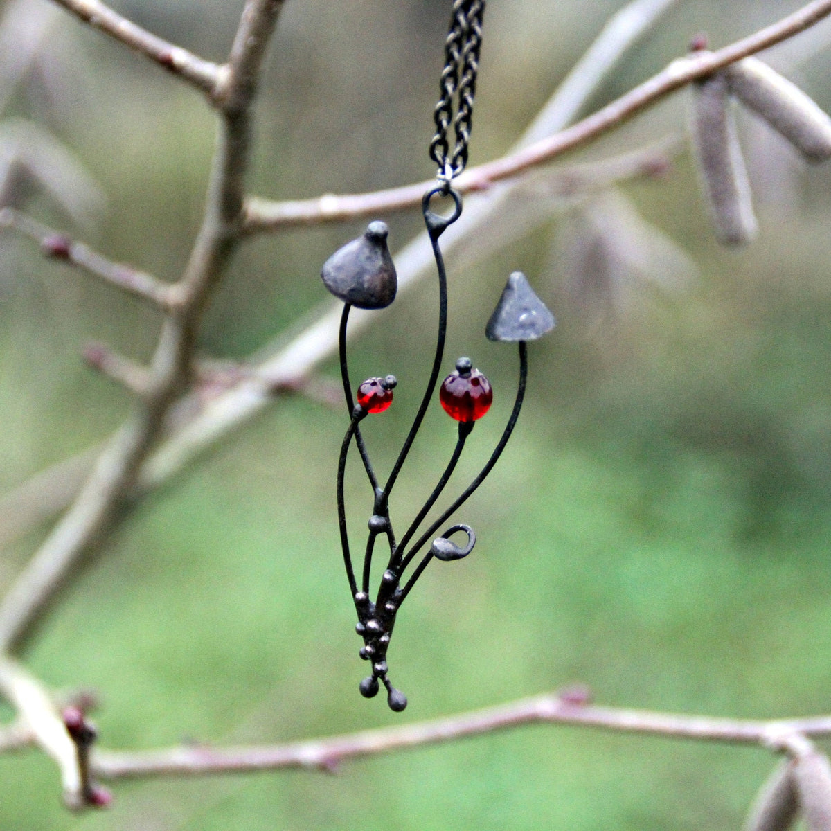 Red Glass Mushroom Necklace – Blackened Copper Forest Pendant – Psychedelic Botanical