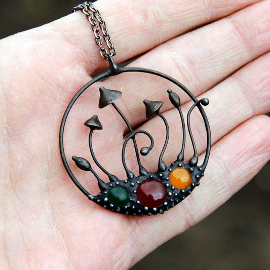 Multicolor Glass Mushroom Necklace – Blackened Copper Round Forest Pendant – Psychedelic