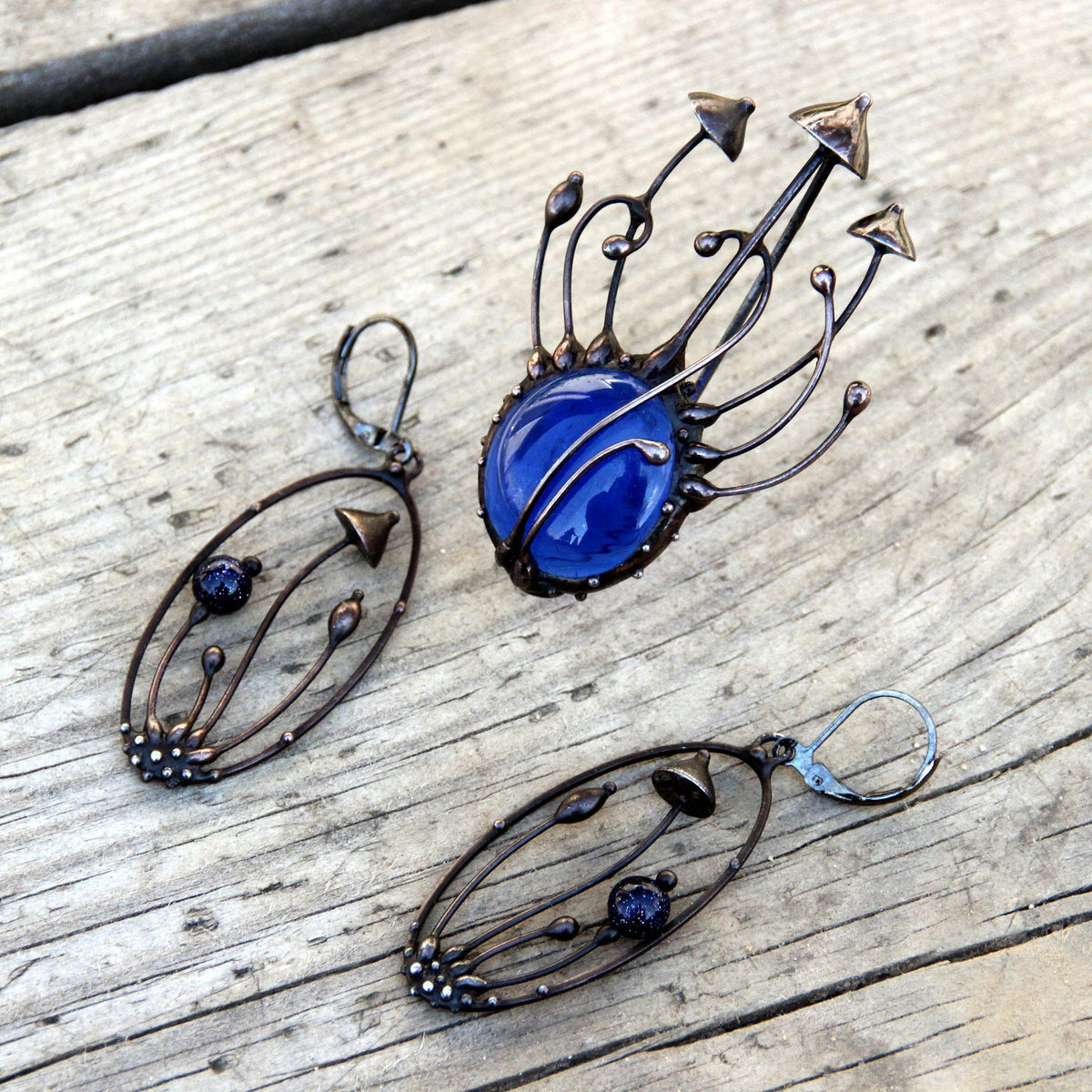 Blue Glass Mushroom Brooch – Blackened Copper