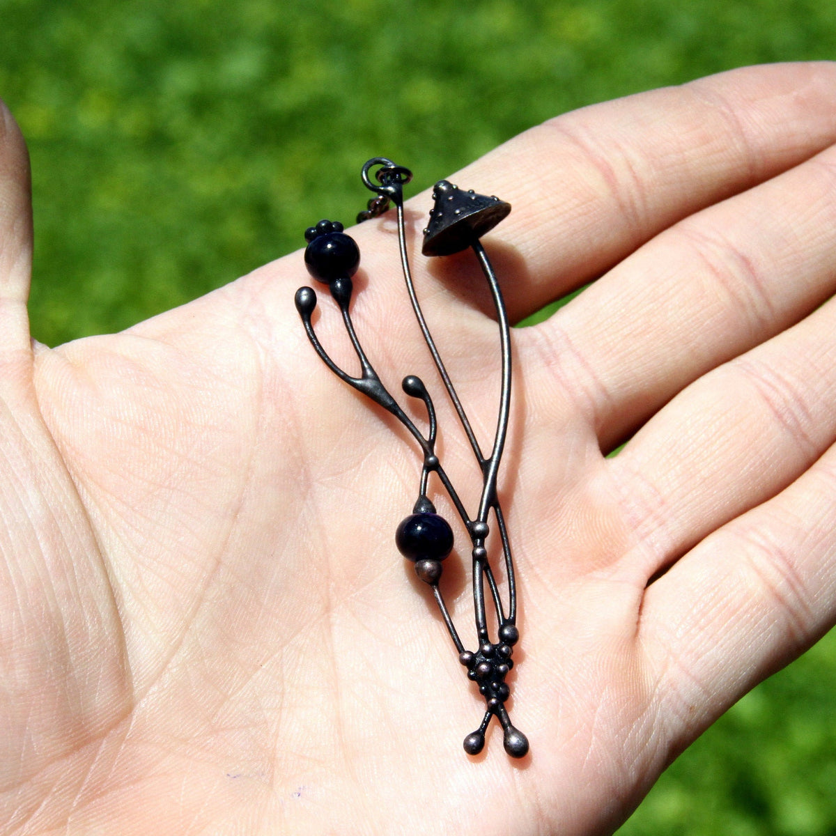 Blue Ceramic Amanita Mushroom Necklace – Blackened Copper