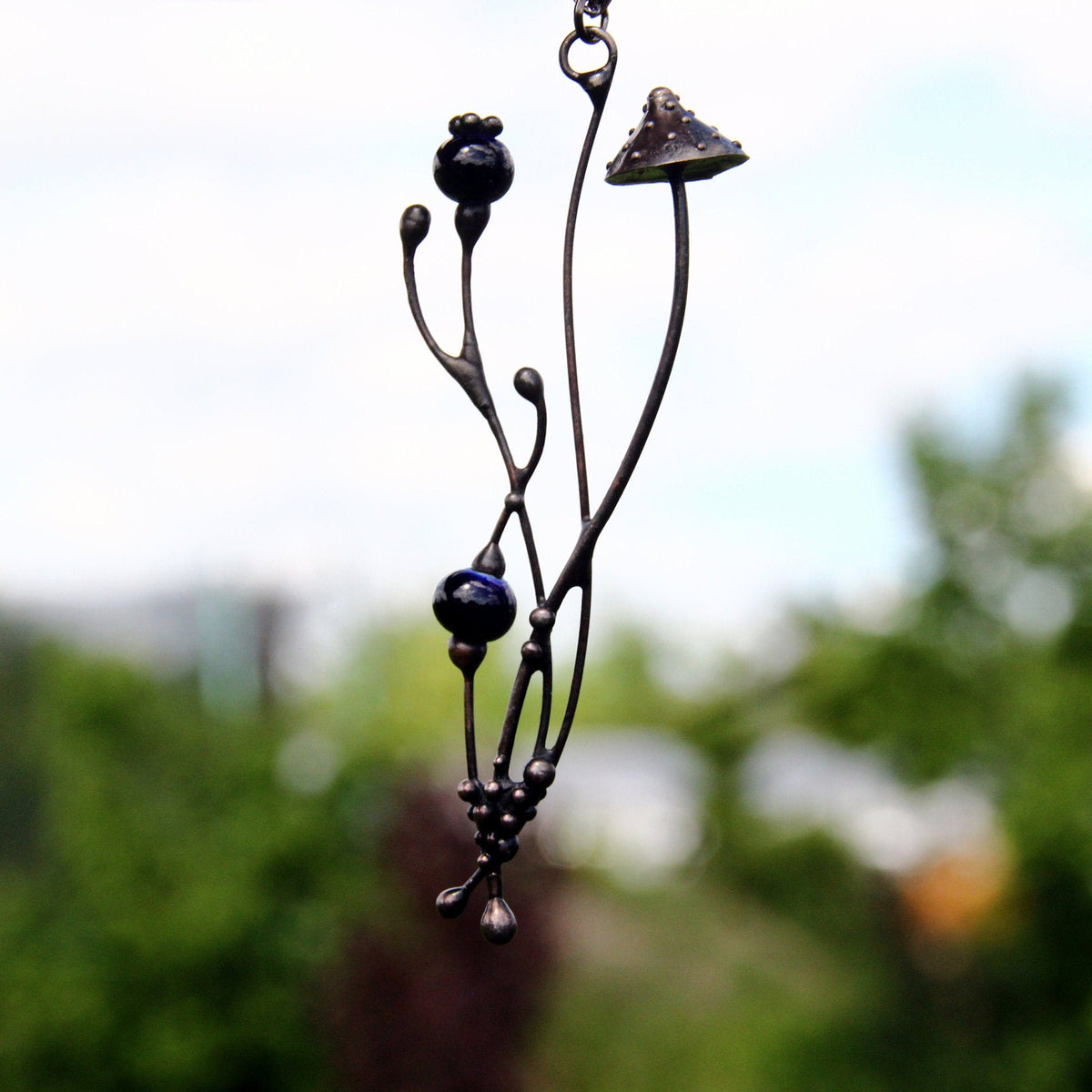 Blue Ceramic Amanita Mushroom Necklace – Blackened Copper