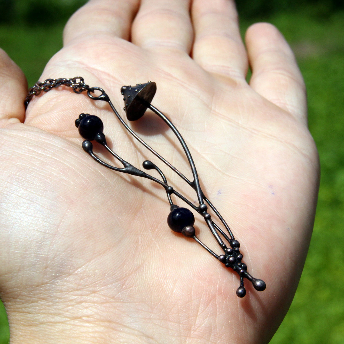 Blue Ceramic Amanita Mushroom Necklace – Blackened Copper