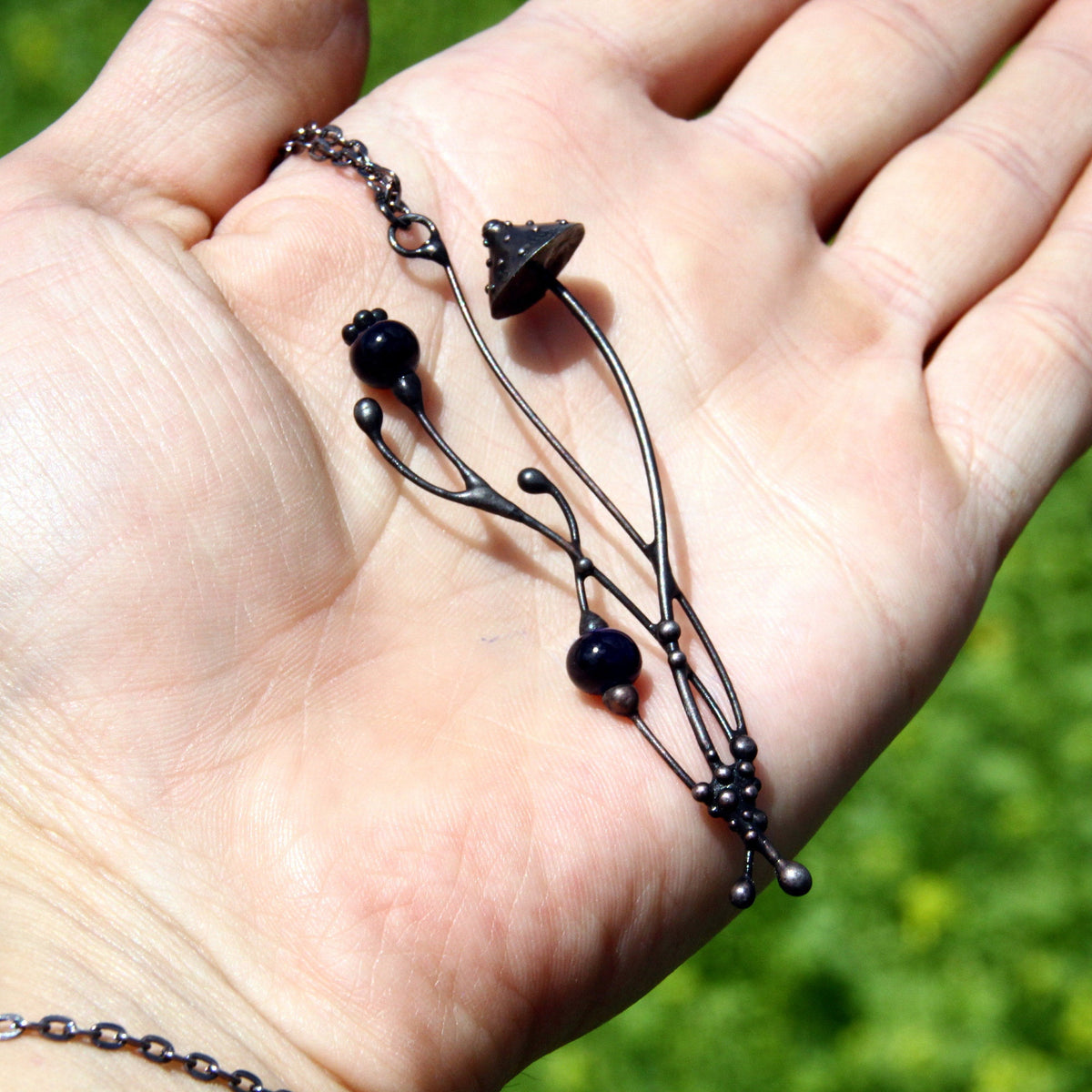 Blue Ceramic Amanita Mushroom Necklace – Blackened Copper