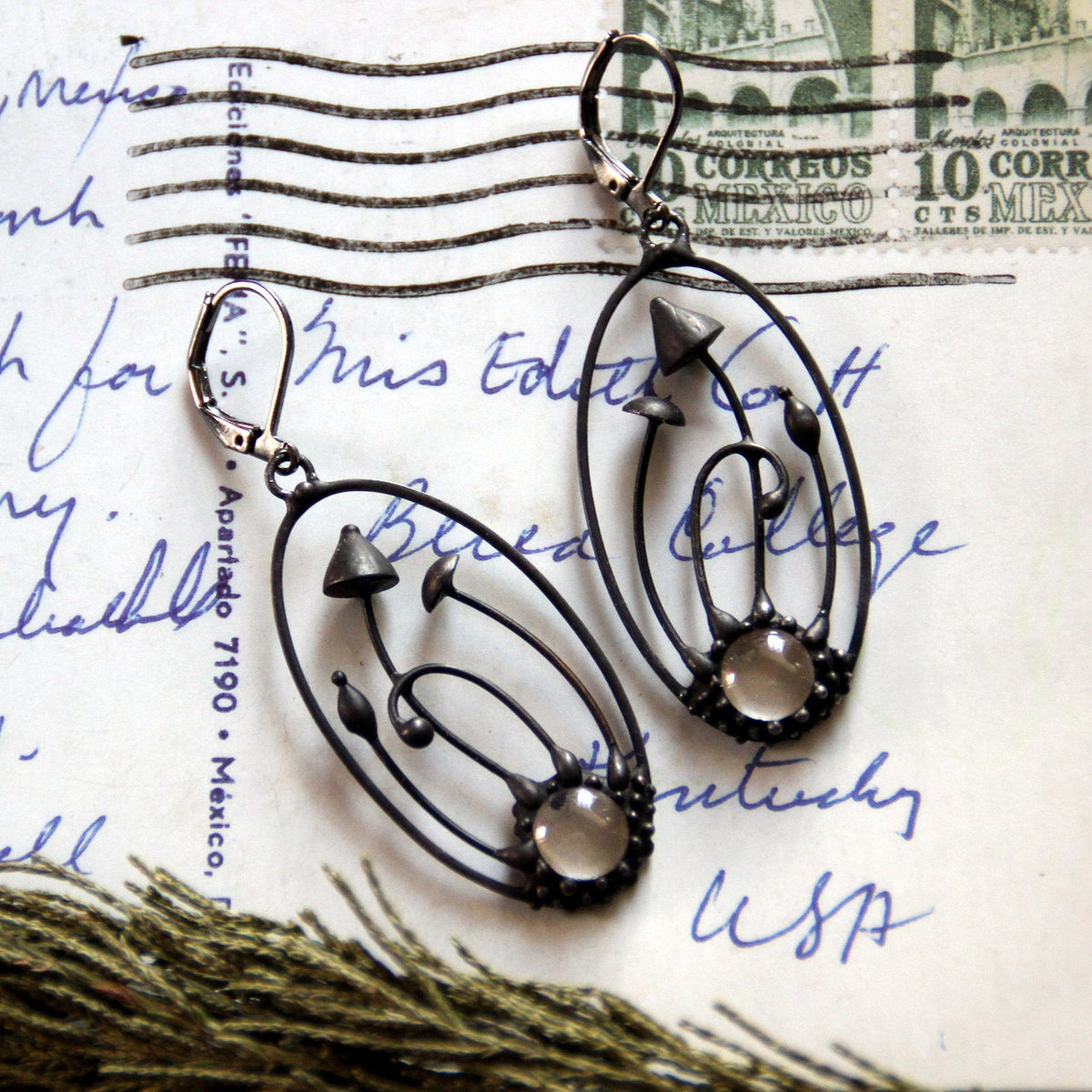 Two Mushroom Clear Glass Earrings – Blackened Copper