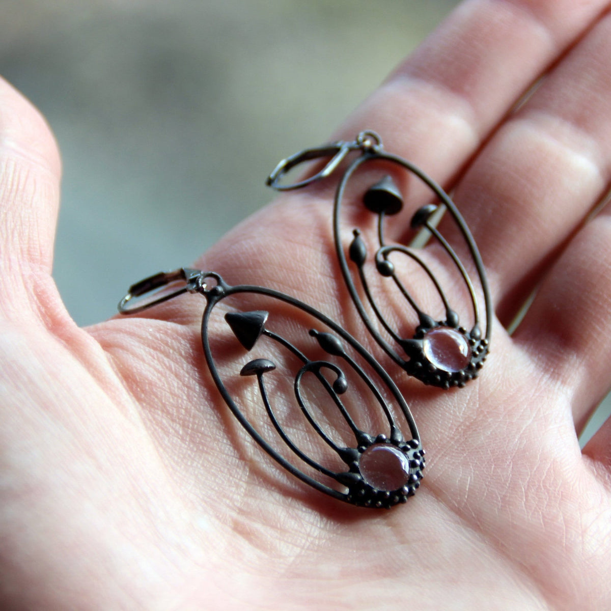 Two Mushroom Clear Glass Earrings – Blackened Copper
