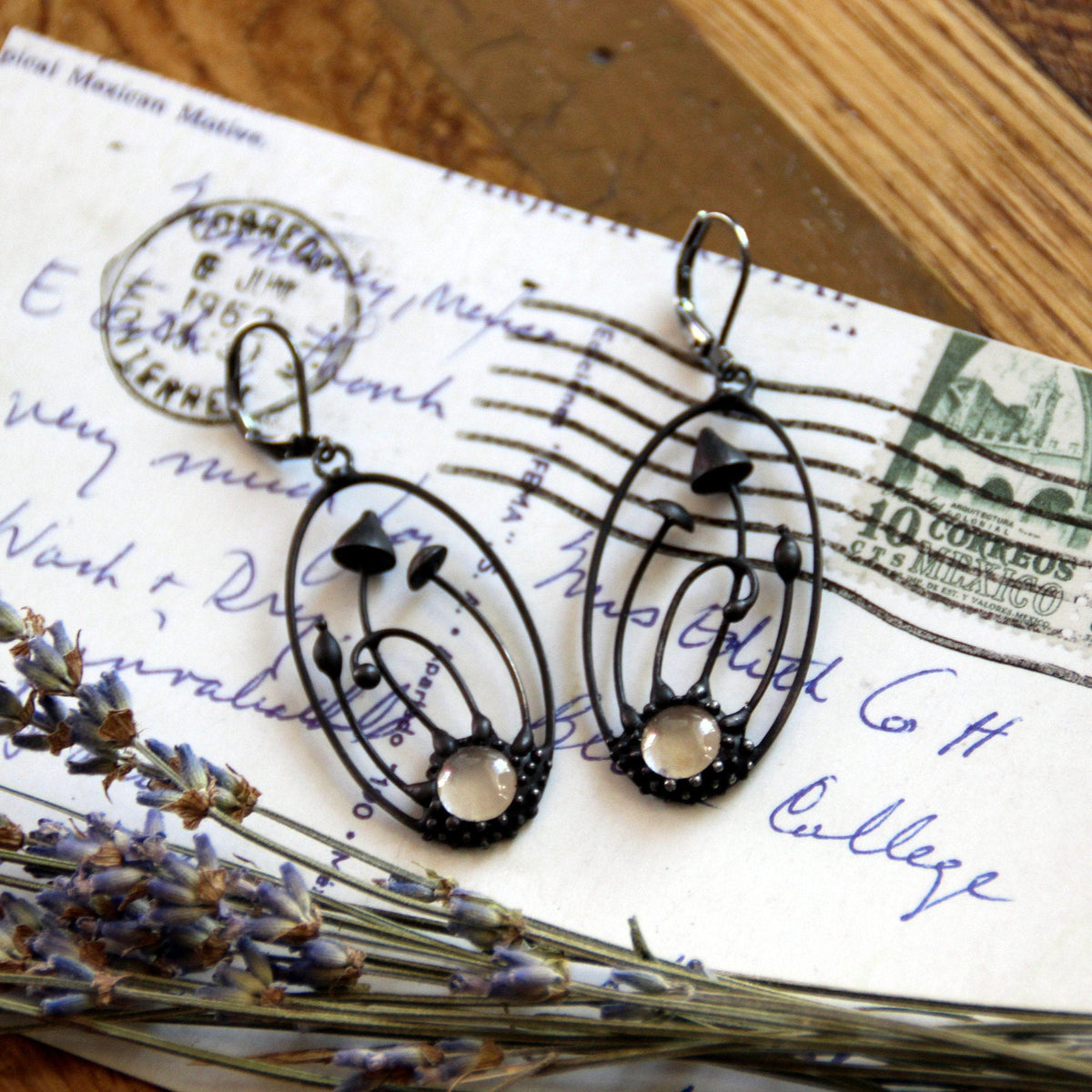 Two Mushroom Clear Glass Earrings – Blackened Copper