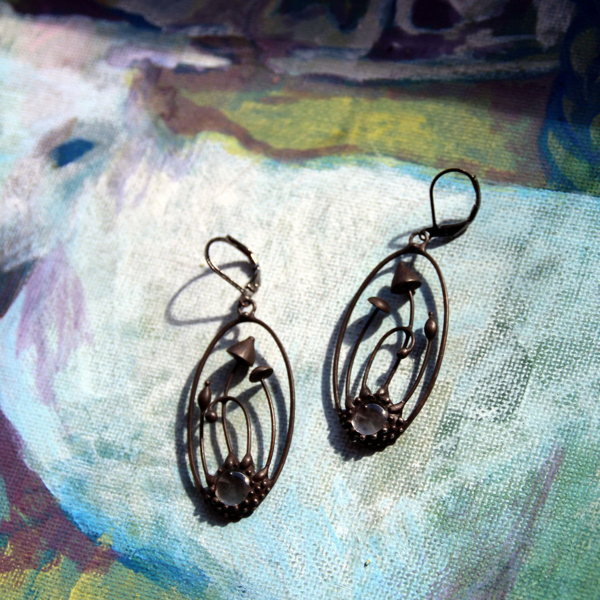 Two Mushroom Clear Glass Earrings – Blackened Copper