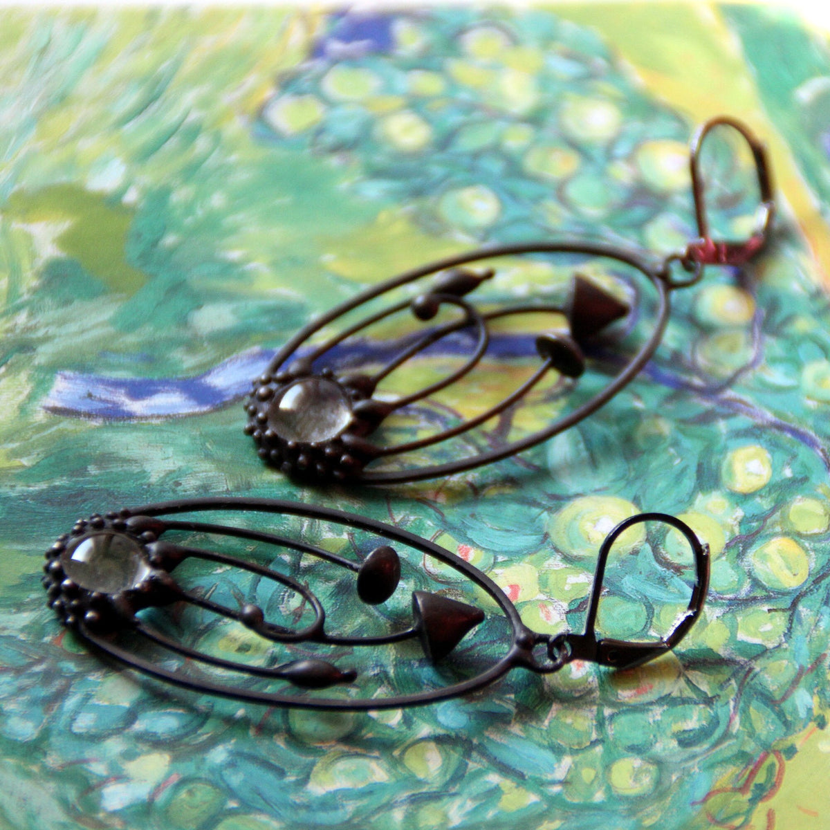 Two Mushroom Clear Glass Earrings – Blackened Copper