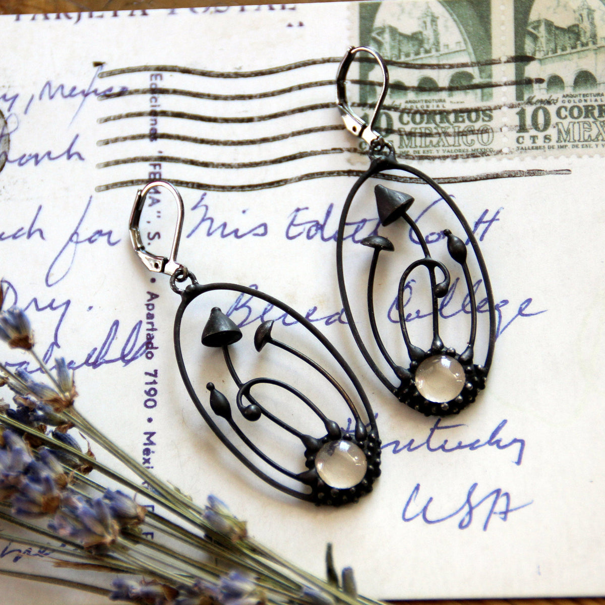 Two Mushroom Clear Glass Earrings – Blackened Copper