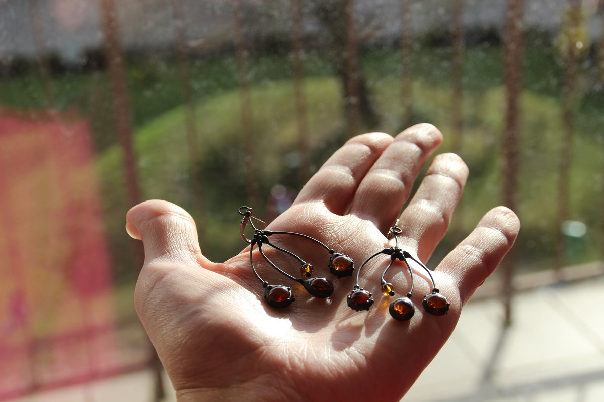 Amber Glass Tree Branch Earrings – Blackened Copper
