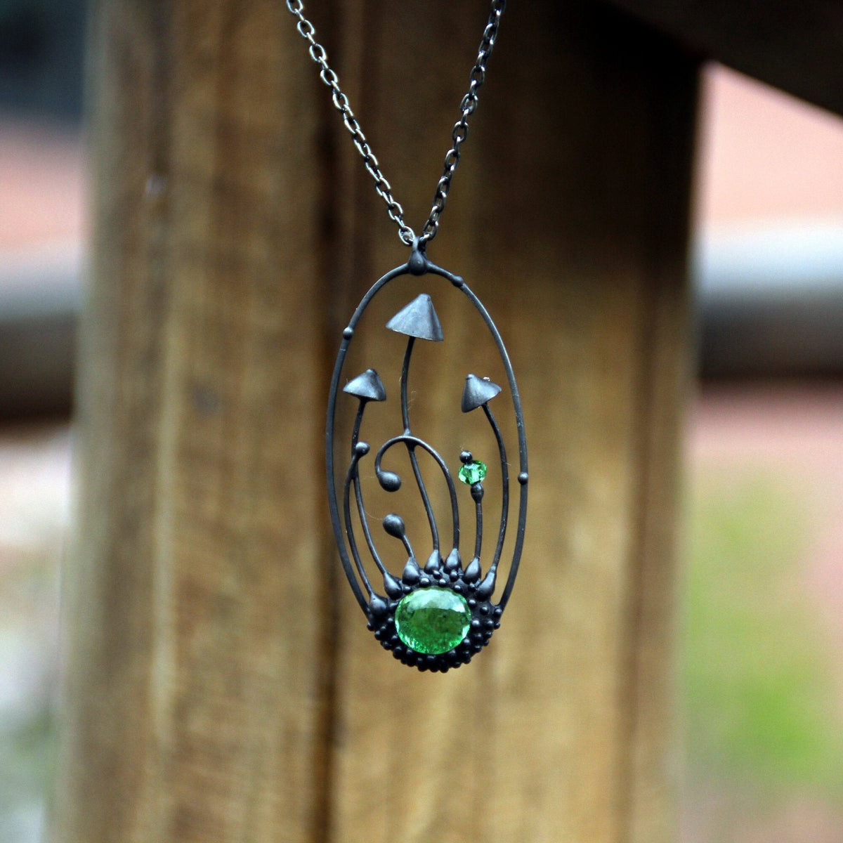Green Glass Mushroom Necklace – Blackened Copper Oval Forest Pendant – Botanical