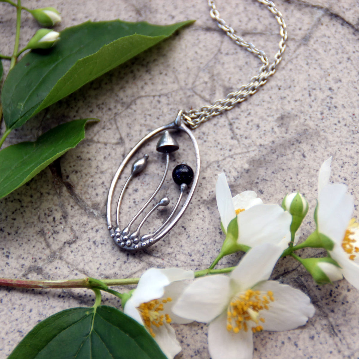 Blue Aventurine Mushroom Necklace – Silver Tone