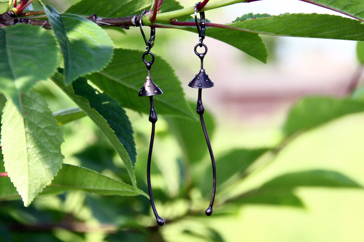 Black Amanita Extra Long Stem Earrings – Copper & Pewter
