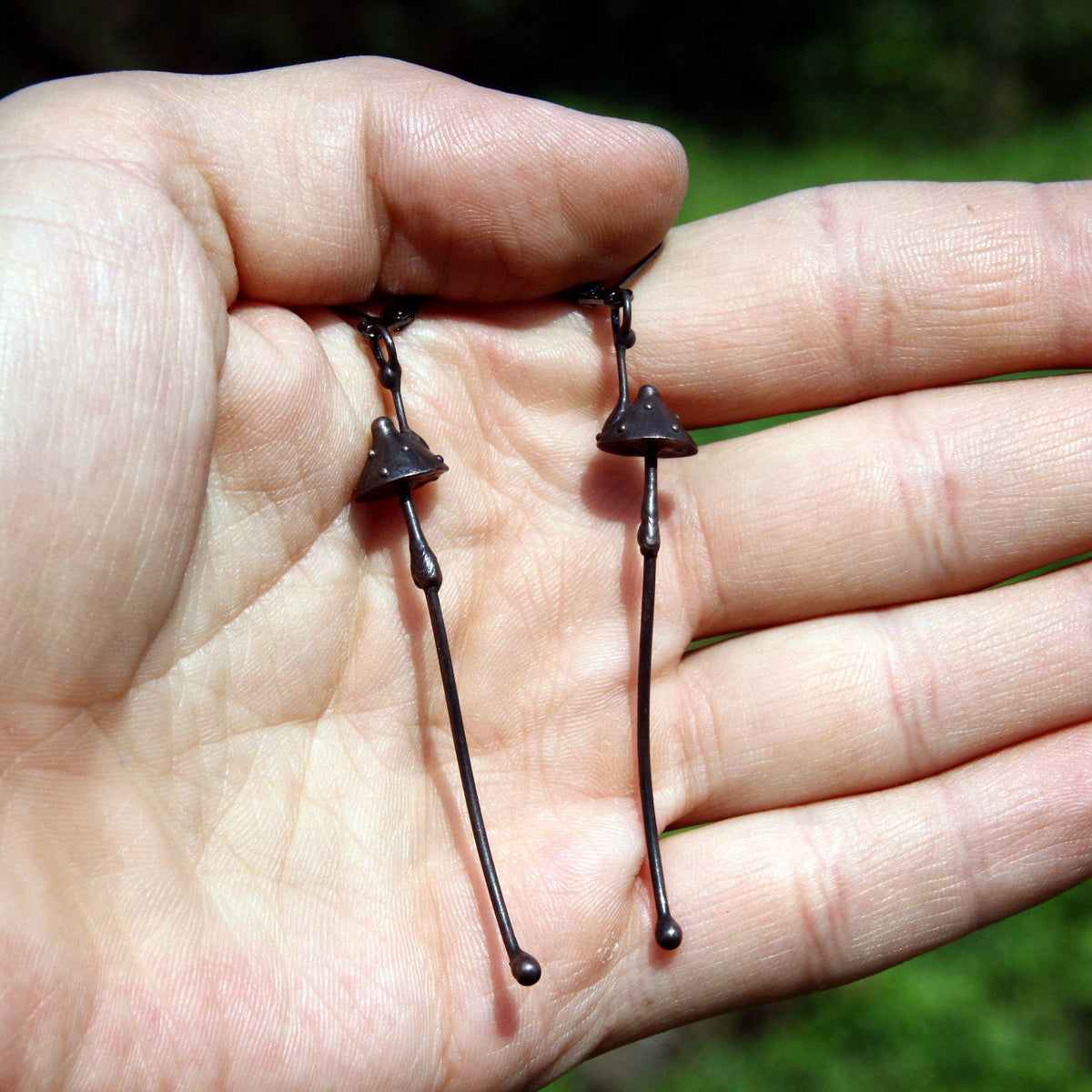 Black Amanita Extra Long Stem Earrings – Copper & Pewter