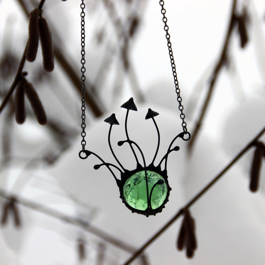 Green Glass Mushroom Trio Necklace – Blackened Copper